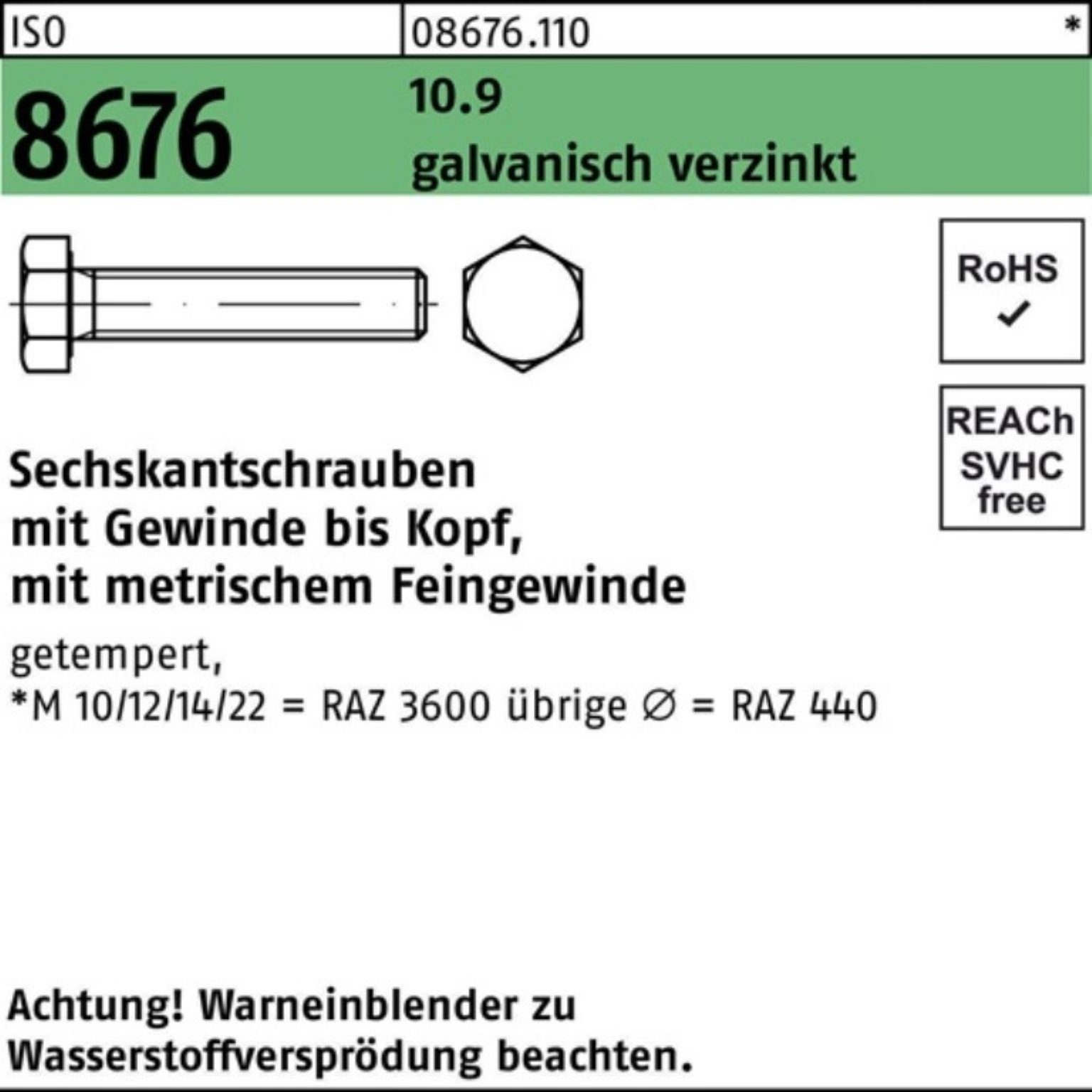 Reyher Sechskantschraube 200er Pack Sechskantschraube ISO 30 8676 VG galv.verz. M8x1x 200 10.9