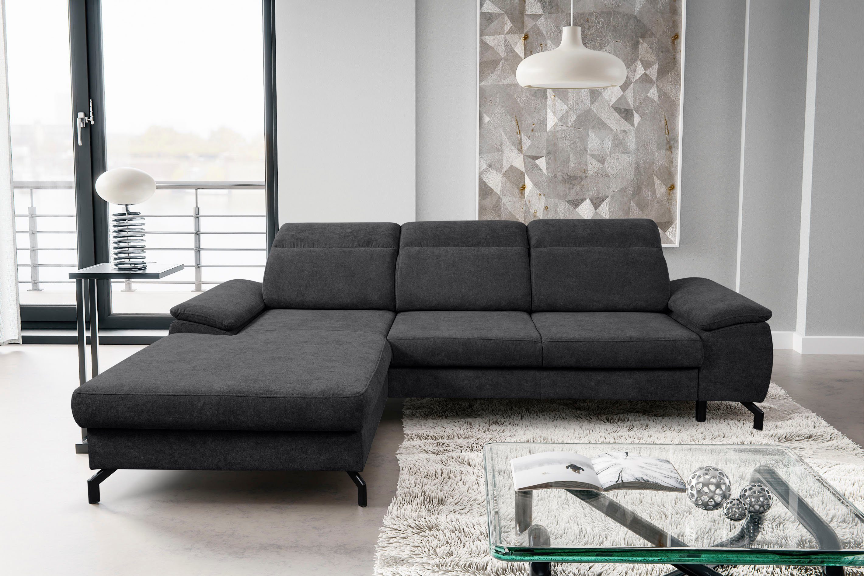 WERK2 Ecksofa Panama L-Form, Modernes Sofa mit Schlaffunktion, Bettkasten, Kopfteile verstellbar