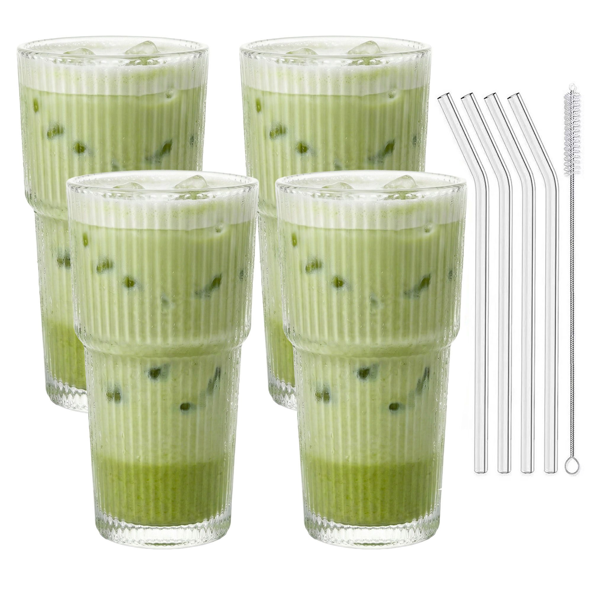 mixed24 Gläser-Set 4er Set Geriffelte Gläser 550ml inkl. Glashalm, ideal für Iced Matcha Latte, Latte Macchiato, Cocktails, Smoothies