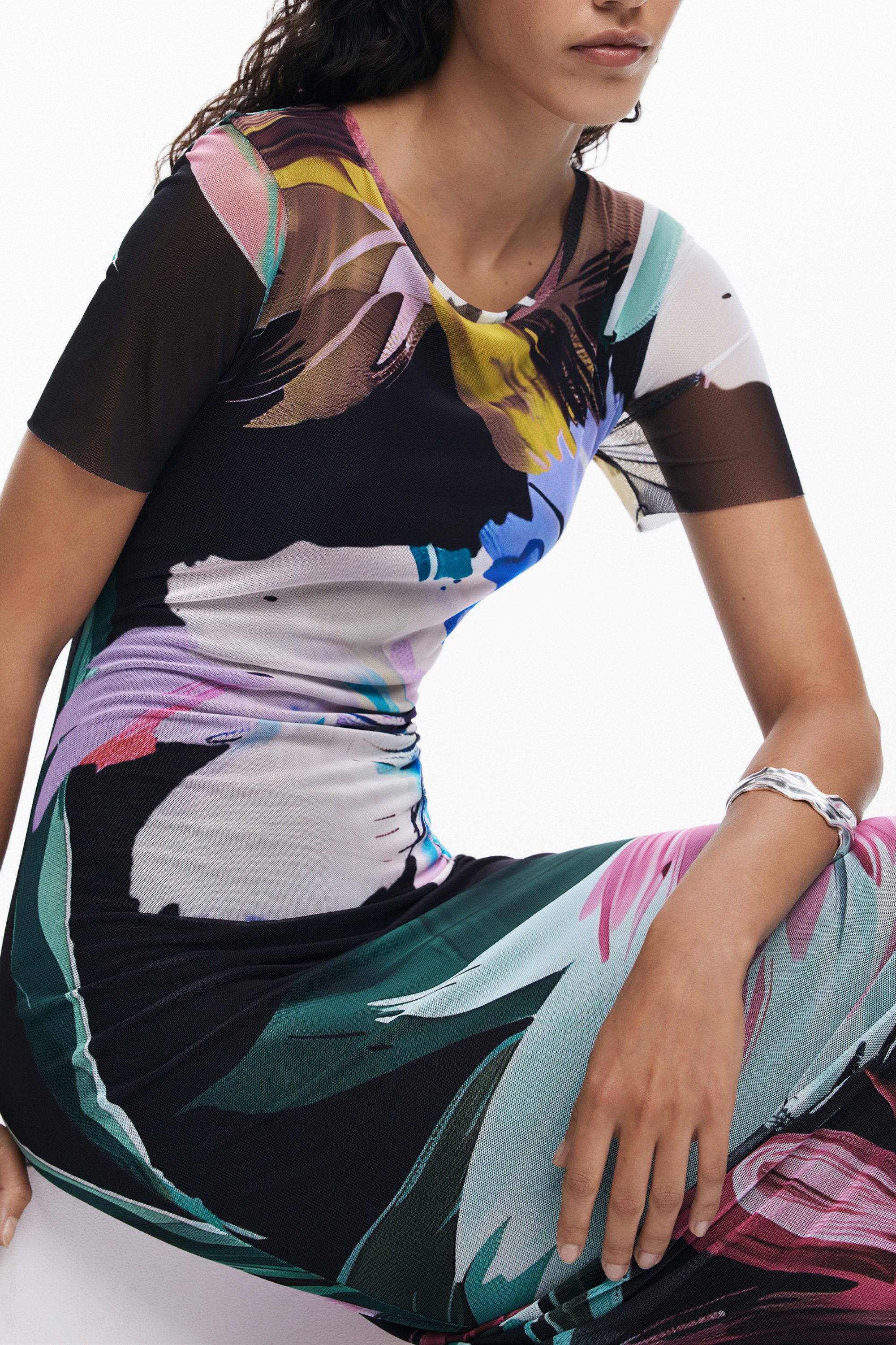 Desigual Partykleid Elegantes, langes schwarzes Kleid mit Muster und Rundhalsausschnitt