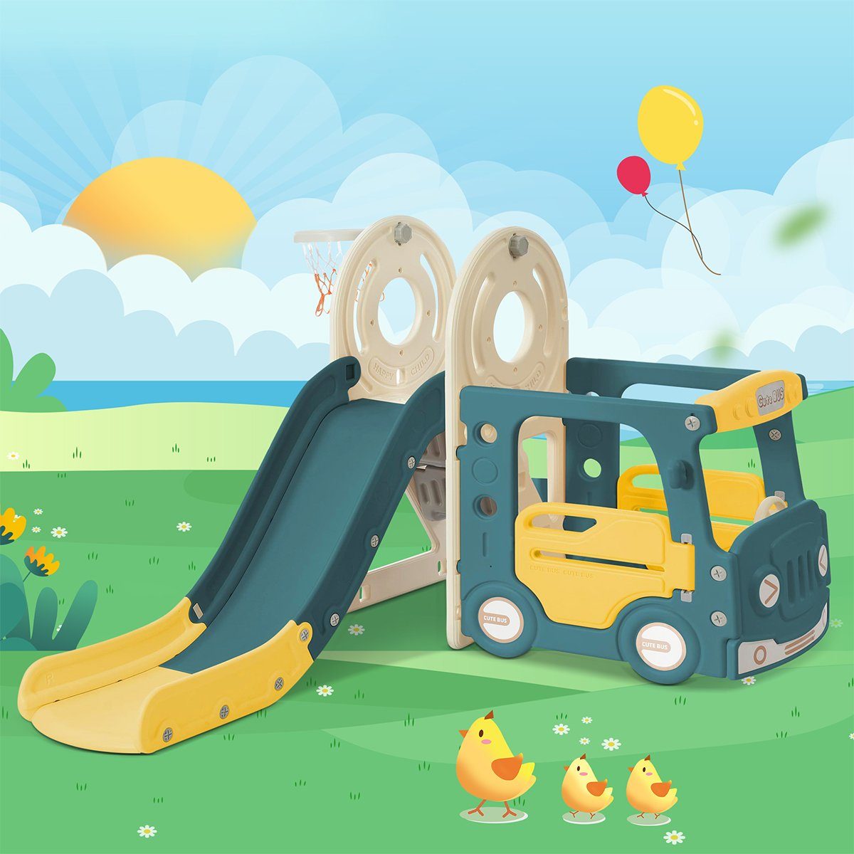 Rutsche 5 in 1 Kinderrutsche mit Bus Schaukel Rutsche Trittleiter