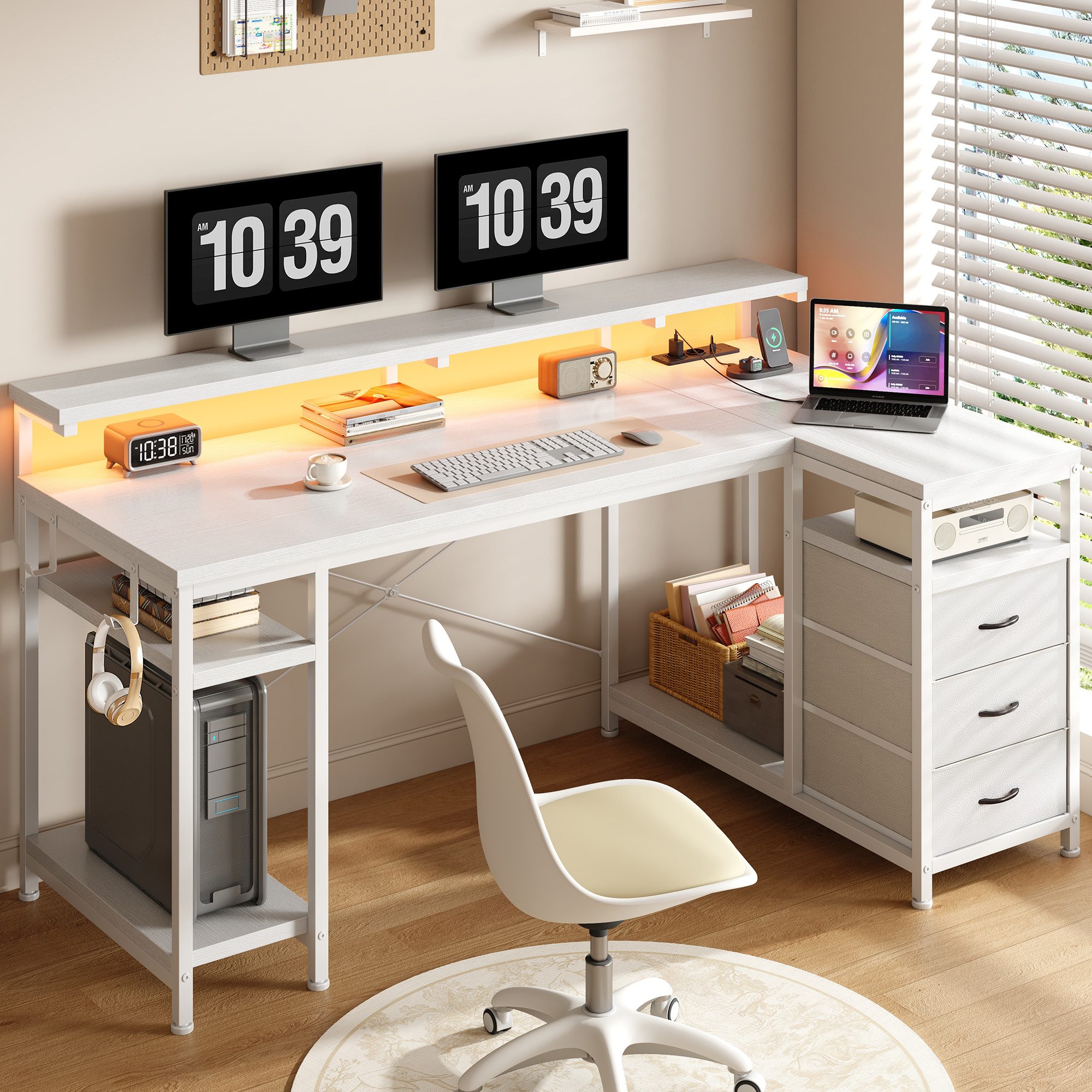Klyvvo Schreibtisch mit 3 Schubladen, Gaming Schreibtisch L Form mit LED (1-St), mit Stauraum für Homeoffice und Gaming, Weiß