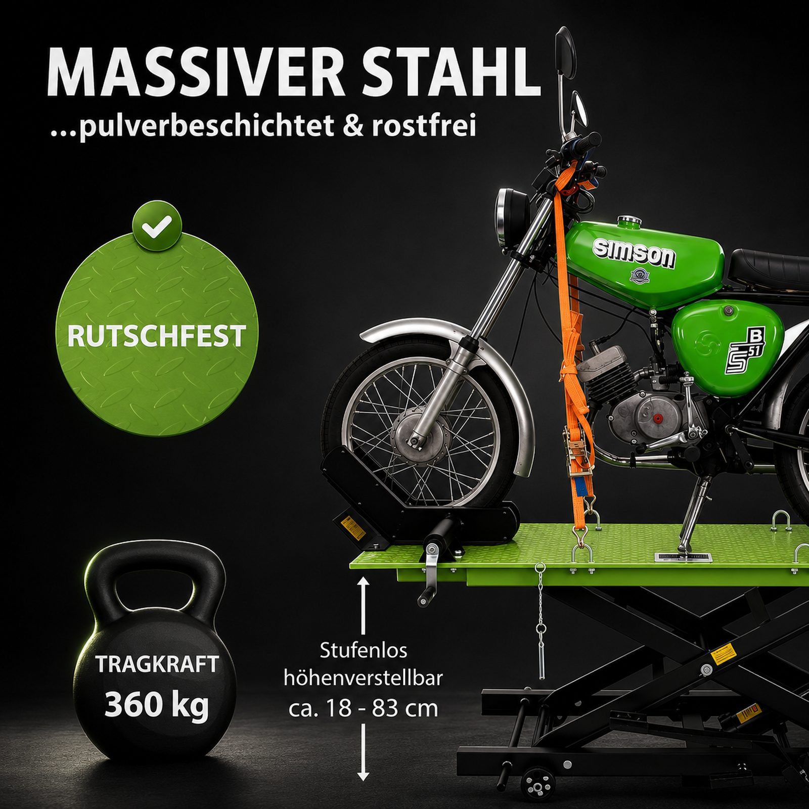 TRUTZHOLM Hydraulikheber Motorradhebebühne hydraulisch 360 kg Breite 50 cm Motorradheber klein, Platzsparende Aufbewahrung, mobil, abnehmbare Auffahrrampe