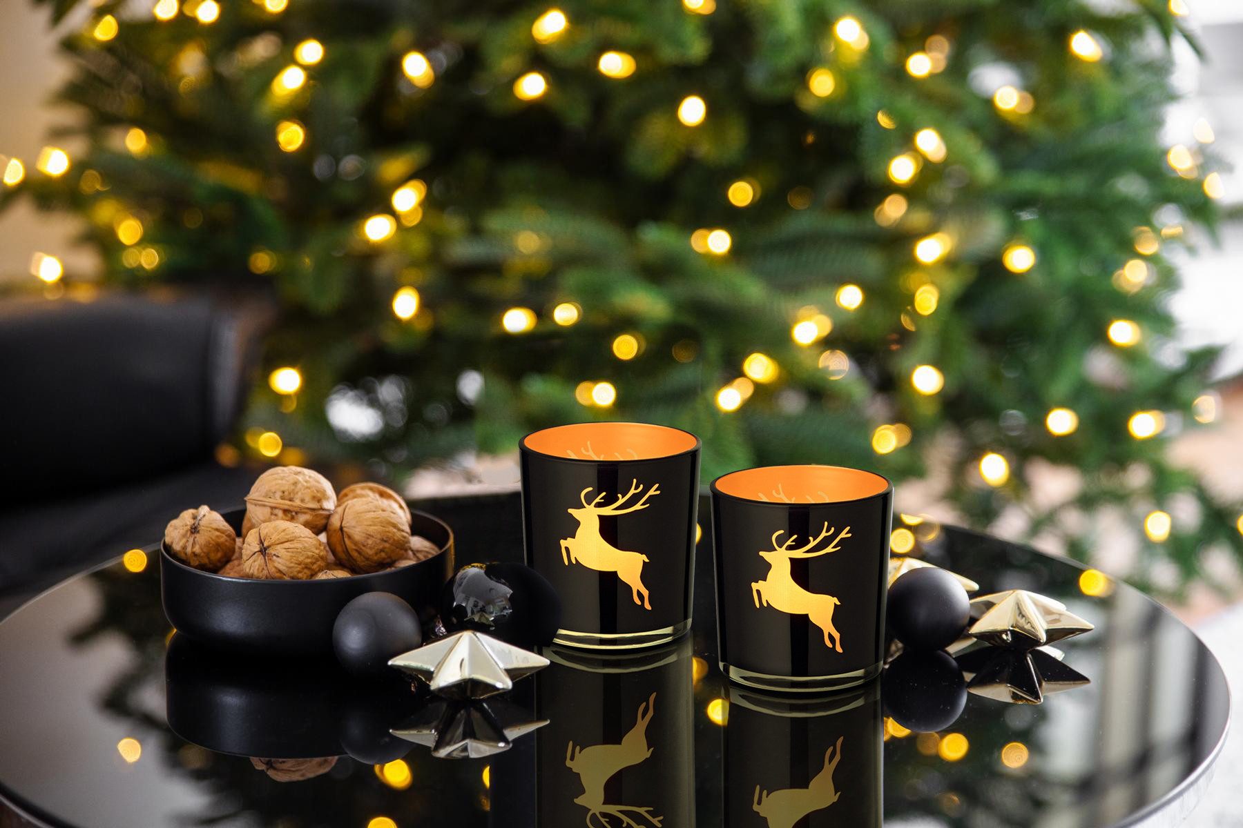 EDZARD Windlicht Elsa, 2er-Set, Glas, Hirsch-Motiv, schwarz, H 8 cm, Ø 7 cm