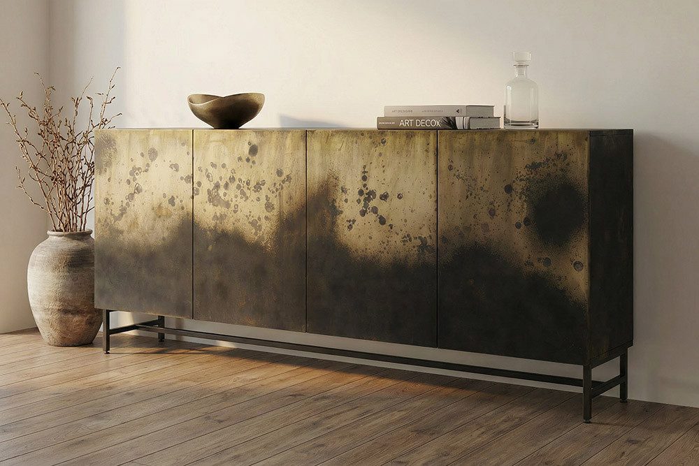 riess-ambiente Sideboard OXID 180cm schwarz/gold - Mangoholz, Metall, Soft Close, Massivholz (Einzelartikel, 1 St), Organizer Kommode - ideal für Flur, Wohn- & Schlafzimmer od. Fernseher