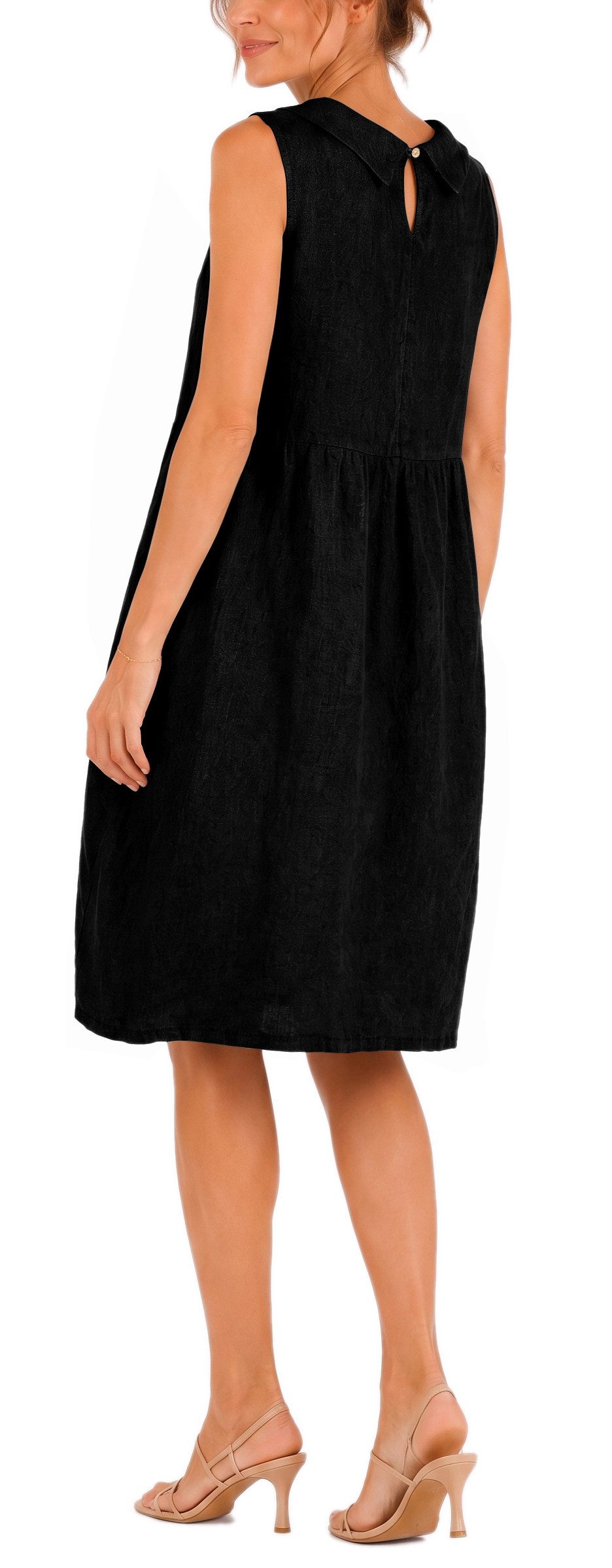 dy_mode Midikleid Damen Leinenkleid Luftiges Midi Sommerkleid Ballonkleid Strandkleid in Unifarbe, Wasserfallkragen, mit seitlichen Eingriffstaschen