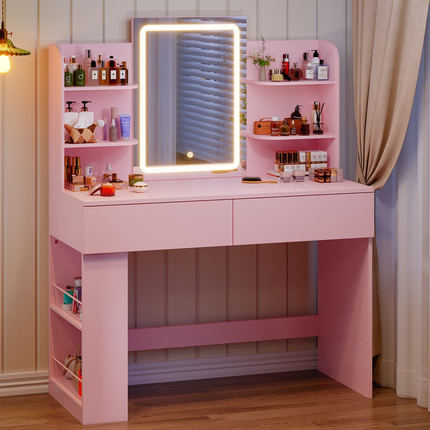 HOMALL Schminktisch mit Spiegel, LED-Beleuchtung, einstellbare Helligkeit, ostern (Länge × Breite × Höhe) 90/110 × 40 × 135 cm, 8 offene Fächer (2 seitliche Fächer sind nach links und rechts verschiebbar), 2 große Schubladen – Ostergeschenk)