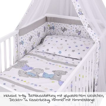 jonka Babybett Mona Weiß, Set inkl. Bettwäsche, Himmel & Matratze 70x140 cm mit Schlupfsprossen