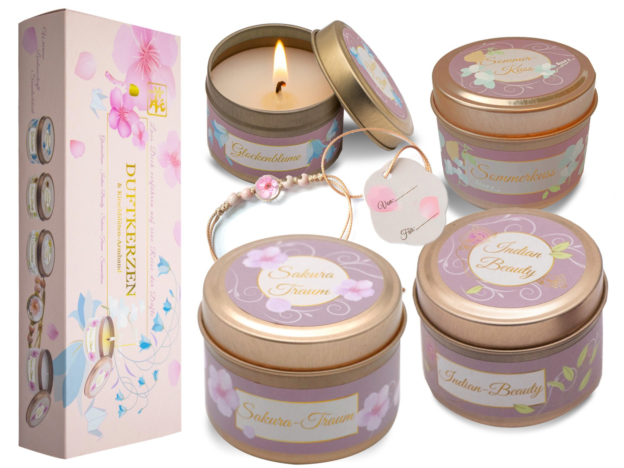 Lucadeau Duftkerze Geschenkset für Frauen, 4 Duftkerzen aus Sojawachs & Sakura‑Armband (Geschenkset, 4 exklusive Düfte – Honigmelone / Rosen / Lavendel & Jasmin / Orange), Herbst, Winter Gemütlichkeit, Geschenk, Geburtstag, Wellness & Deko