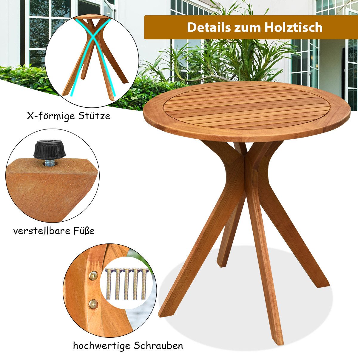 COSTWAY Gartentisch, wetterfest, rund, Balkontisch Holz, 70x70x76cm