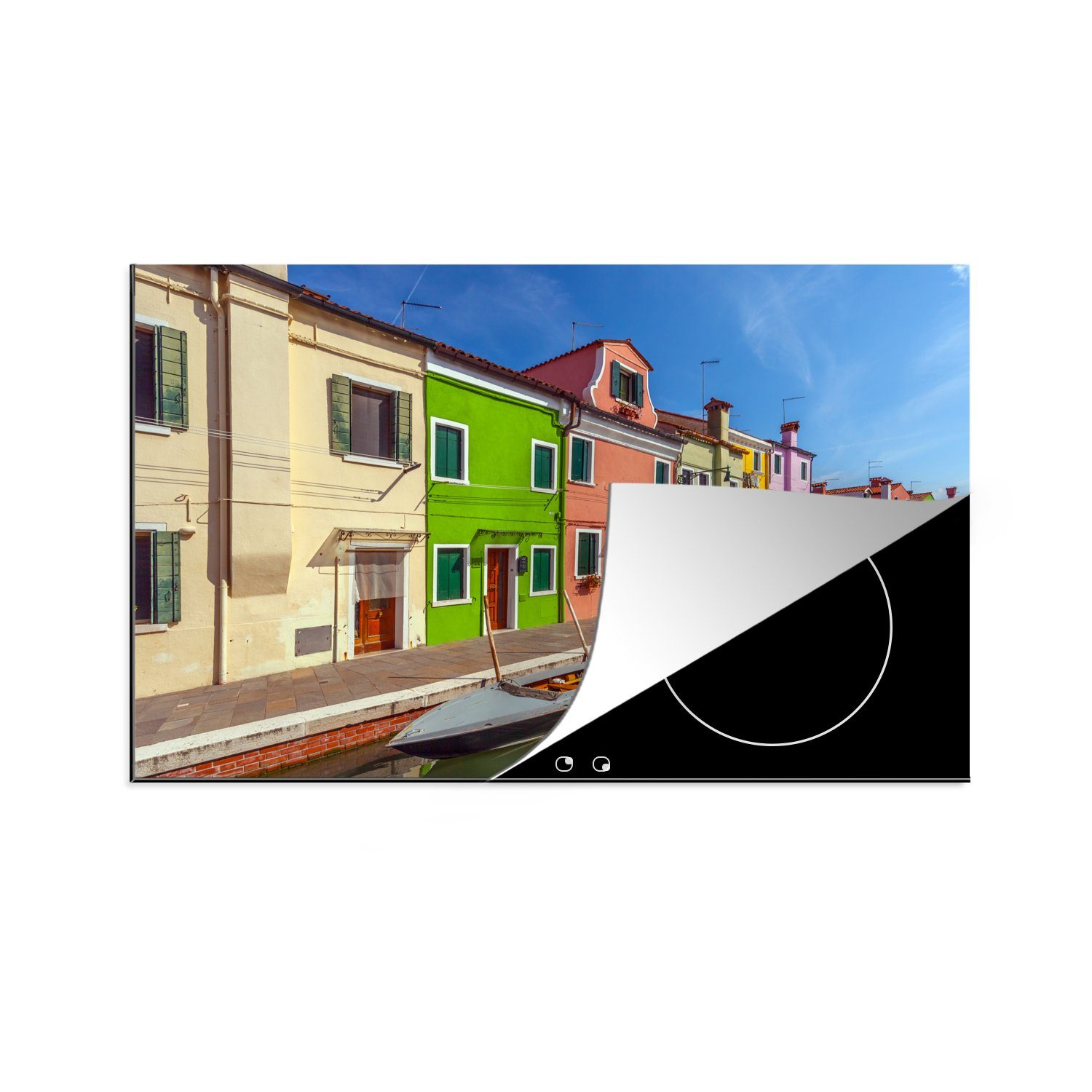 MuchoWow Herdblende-/Abdeckplatte Bunte Häuser unter blauem Himmel in Burano in Venedig, Vinyl, (1 tlg), 81x52 cm, Induktionskochfeld Schutz für die küche, Ceranfeldabdeckung