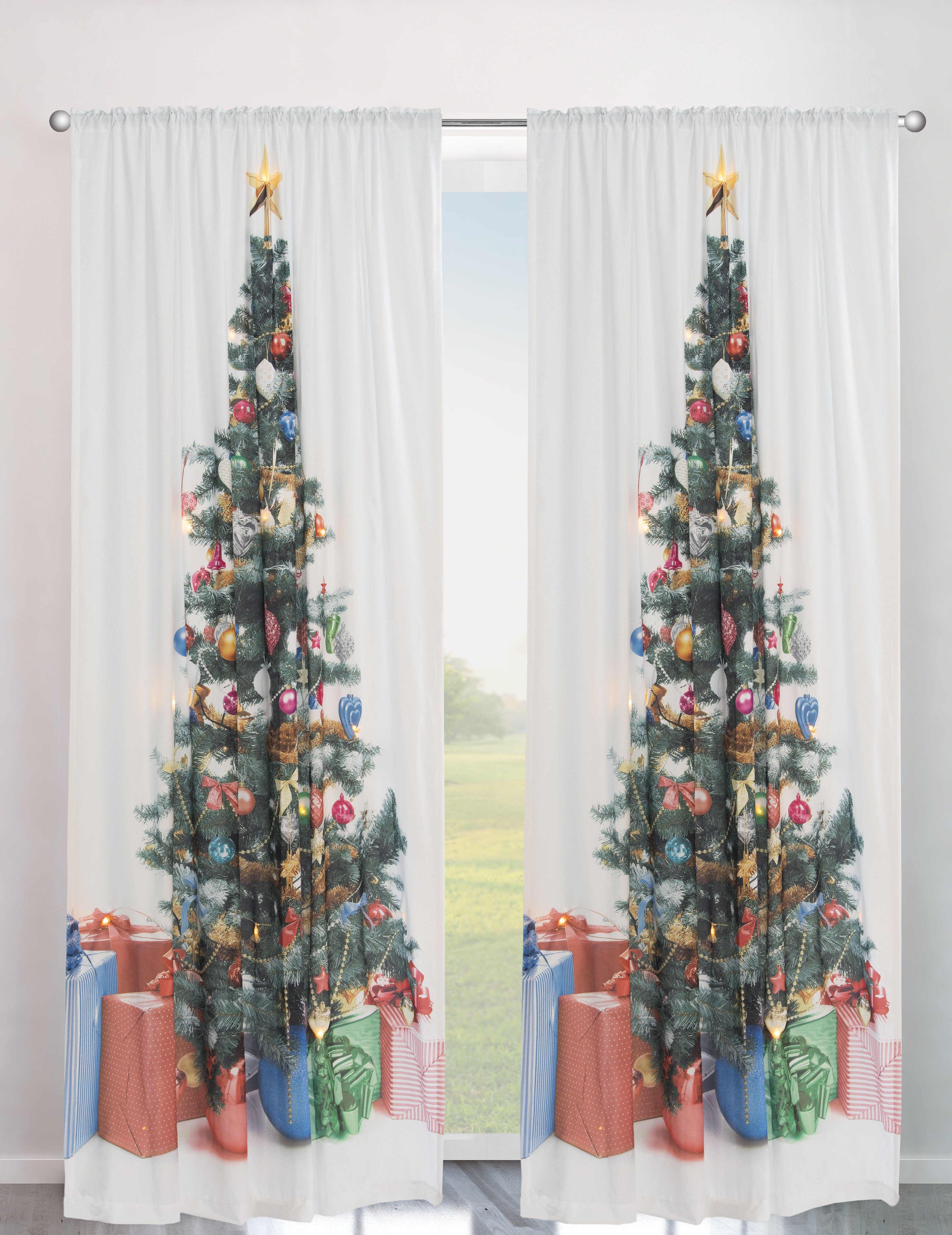 Vorhang Xmas Tree W/LED, my home, Stangendurchzug (1 St), blickdicht, Blickdicht, Tannenbaum, weihnachtlich, HxB: 230x140, 15 LED-Lichter