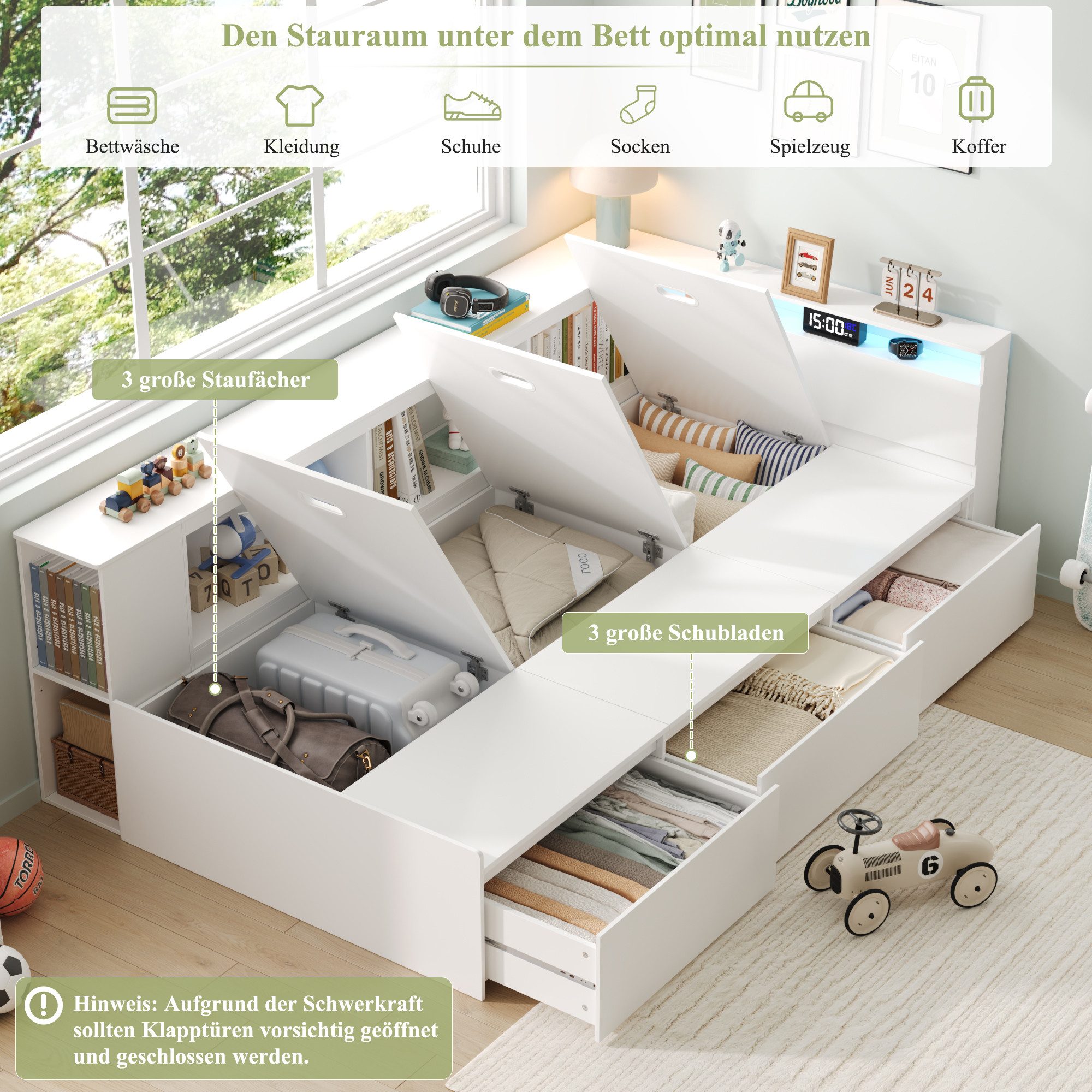 Homfa Kinderbett Holzbett 90x200 Jugendbett Einzelbett, Stauraumbett mit LED, mit Schubladen & Bücherregal & Staufächer