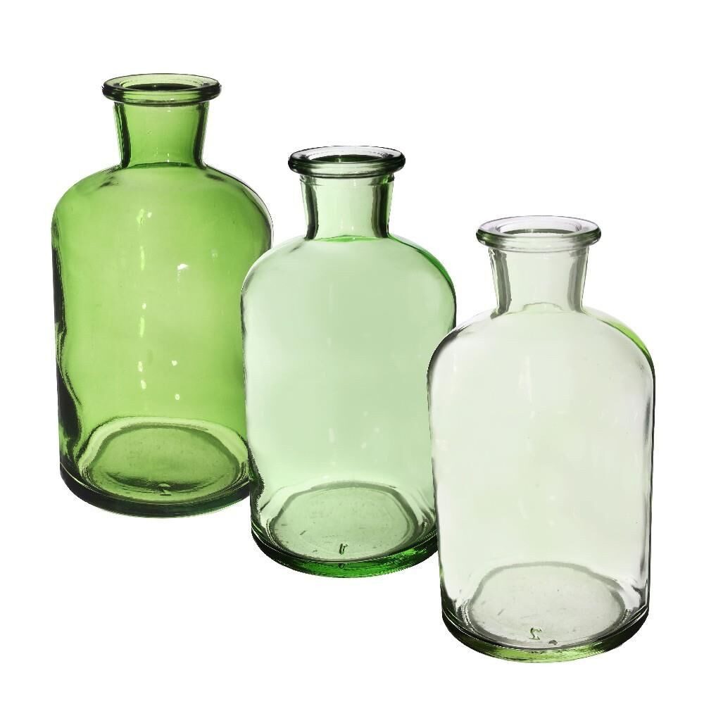 Dekovase 3 x Flaschenvase Vase Glas H12 D7 cm grün mix