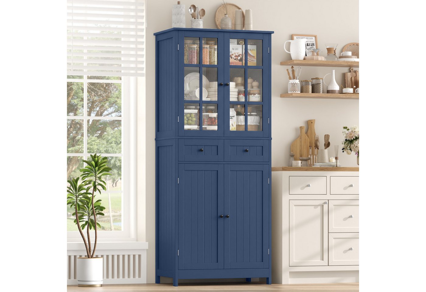 HOMECHO Hochschrank 180 cm Küchenschrank mit 4 Türen und 2 Schubladen, Weiß