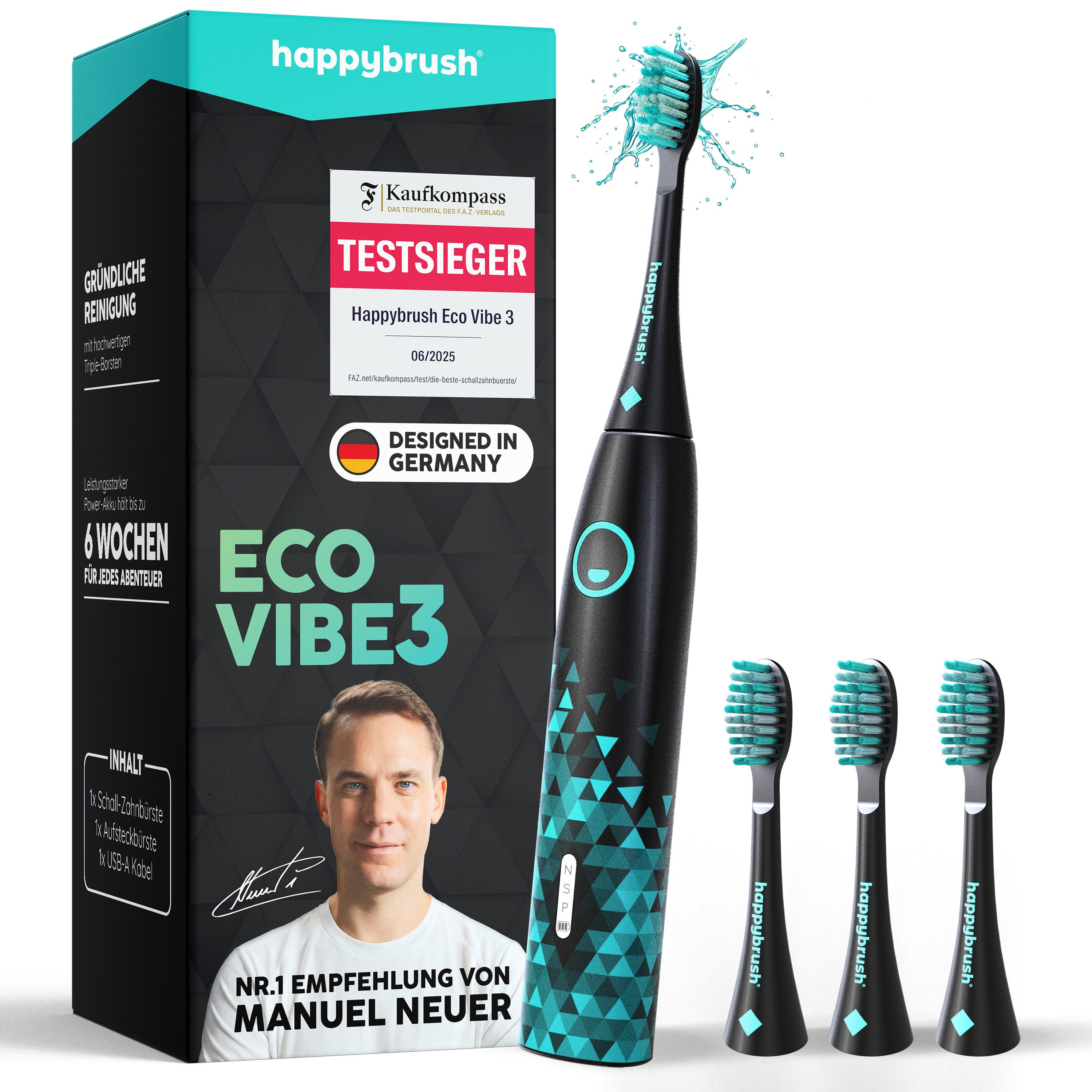 happybrush Schallzahnbürste Eco Vibe 3 Black-Mint - 100 Tage Probeputzen - 8 Wochen Power Akku, Aufsteckbürsten: 4 St., Eco Vibe 3, 3 individuelle Putz-Modi, Schalltechnologie