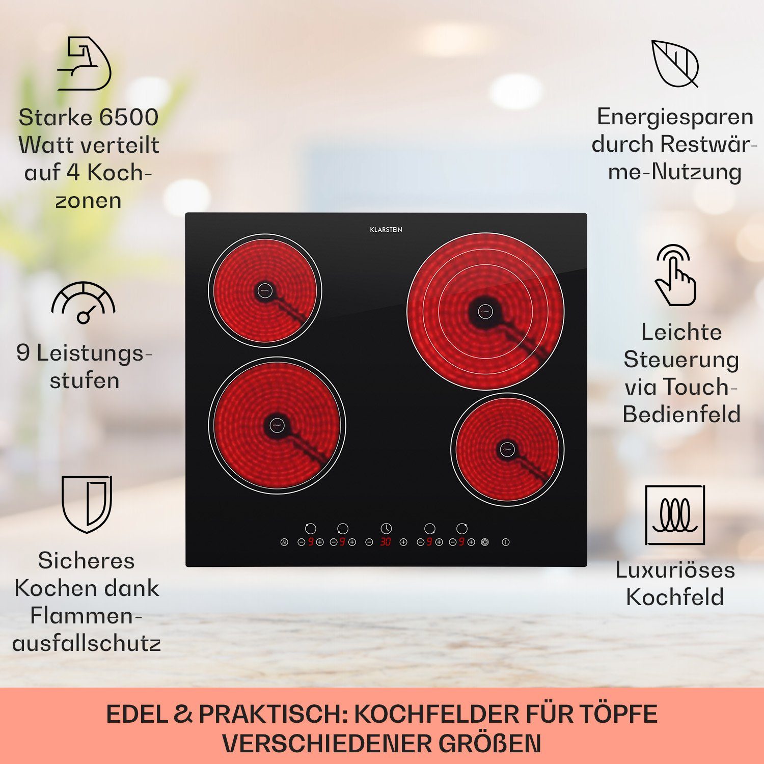 Klarstein Elektro-Kochfeld Virtuosa, Einbau Induktionskochfeld 4 Zonen Glaskeramik Kochfeld Induktion