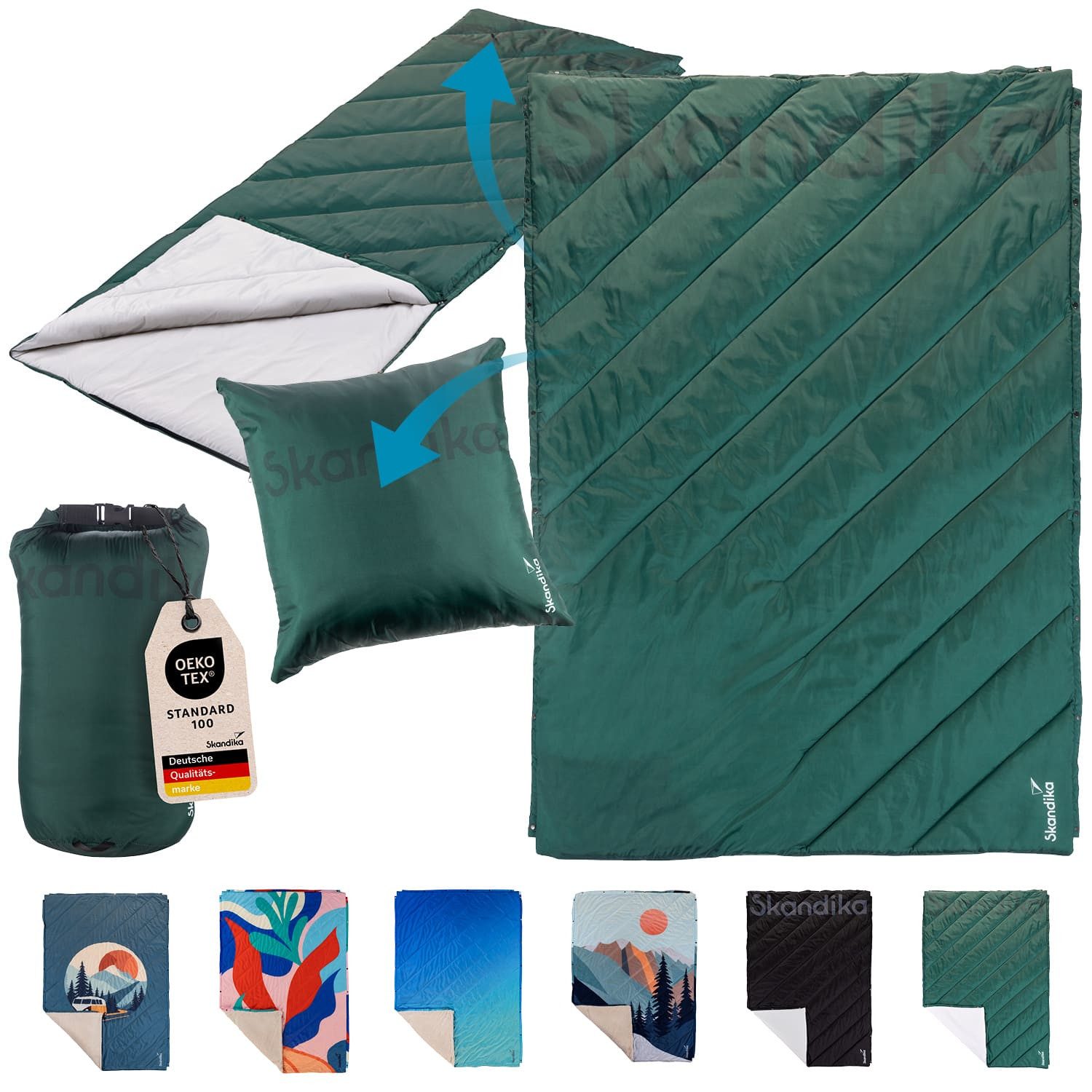Skandika Deckenschlafsack Campingdecke Liva, 4-in-1, Outdoor Decke, 200x135cm, Überwurf, Kissen, mit Teddyfell oder Nylon Unterseite, Polyester, wasserdicht
