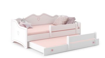 Kids Collective Kinderbett Mädchenbett 80x160 mit Ausziehbett & zwei Matratzen Kinderbett, Jugendbett Funktionsbett mit Rausfallschutz, Prinzessin weiß rosa