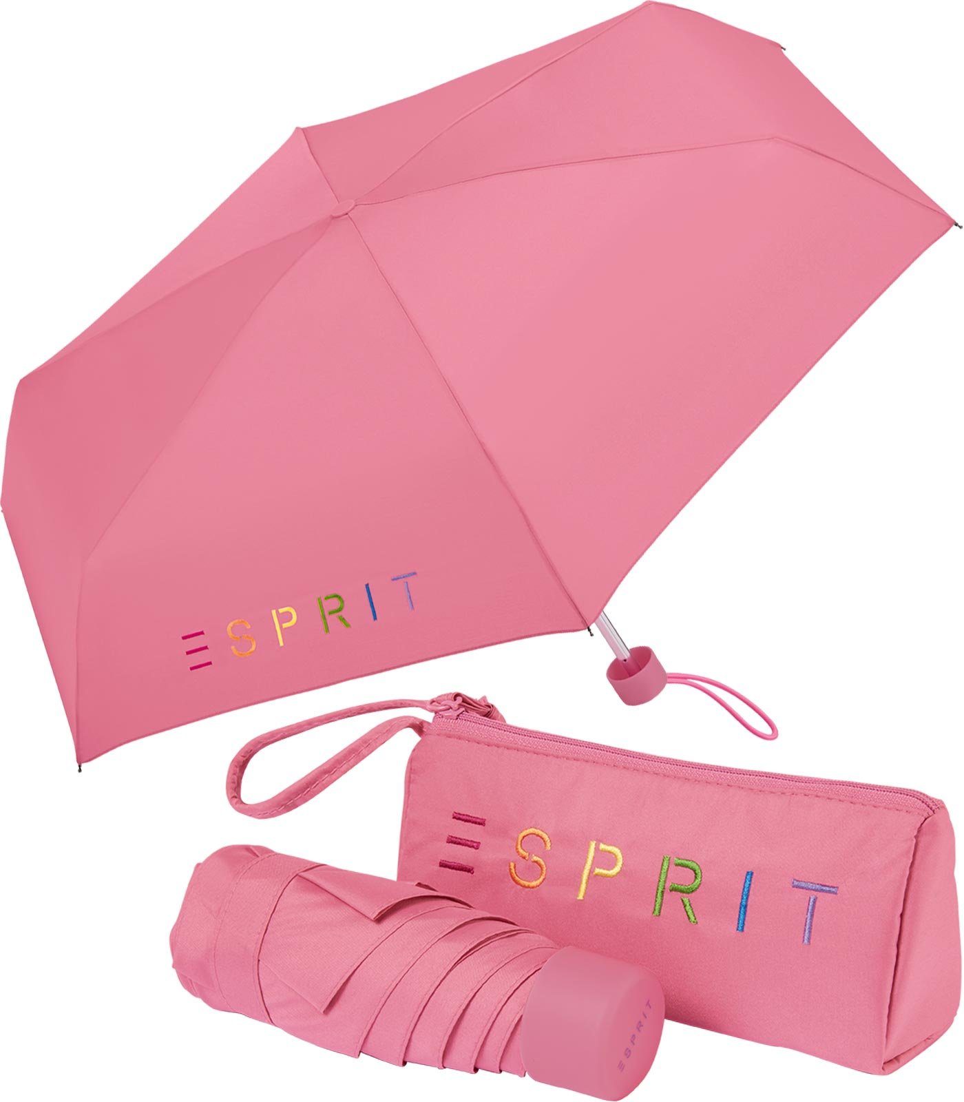 Esprit Taschenregenschirm Damen-Regenschirm Colorful Logo, bunt bedruckt mit Esprit-Schriftzug rosa