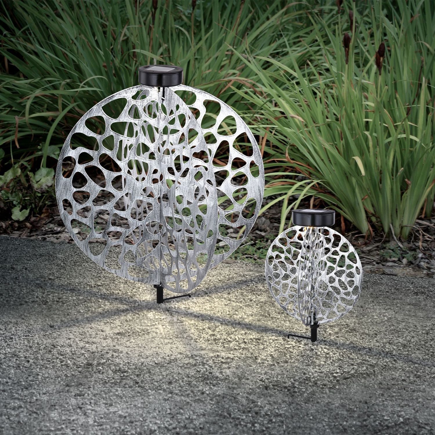 bmf-versand LED Solarleuchte Solarleuchte Garten 2er Set Scheibe Rund Solarlampe Außen, Außenlampe, Außenbeleuchtung, LED fest integriert, warmweiß, Gartenleuchte