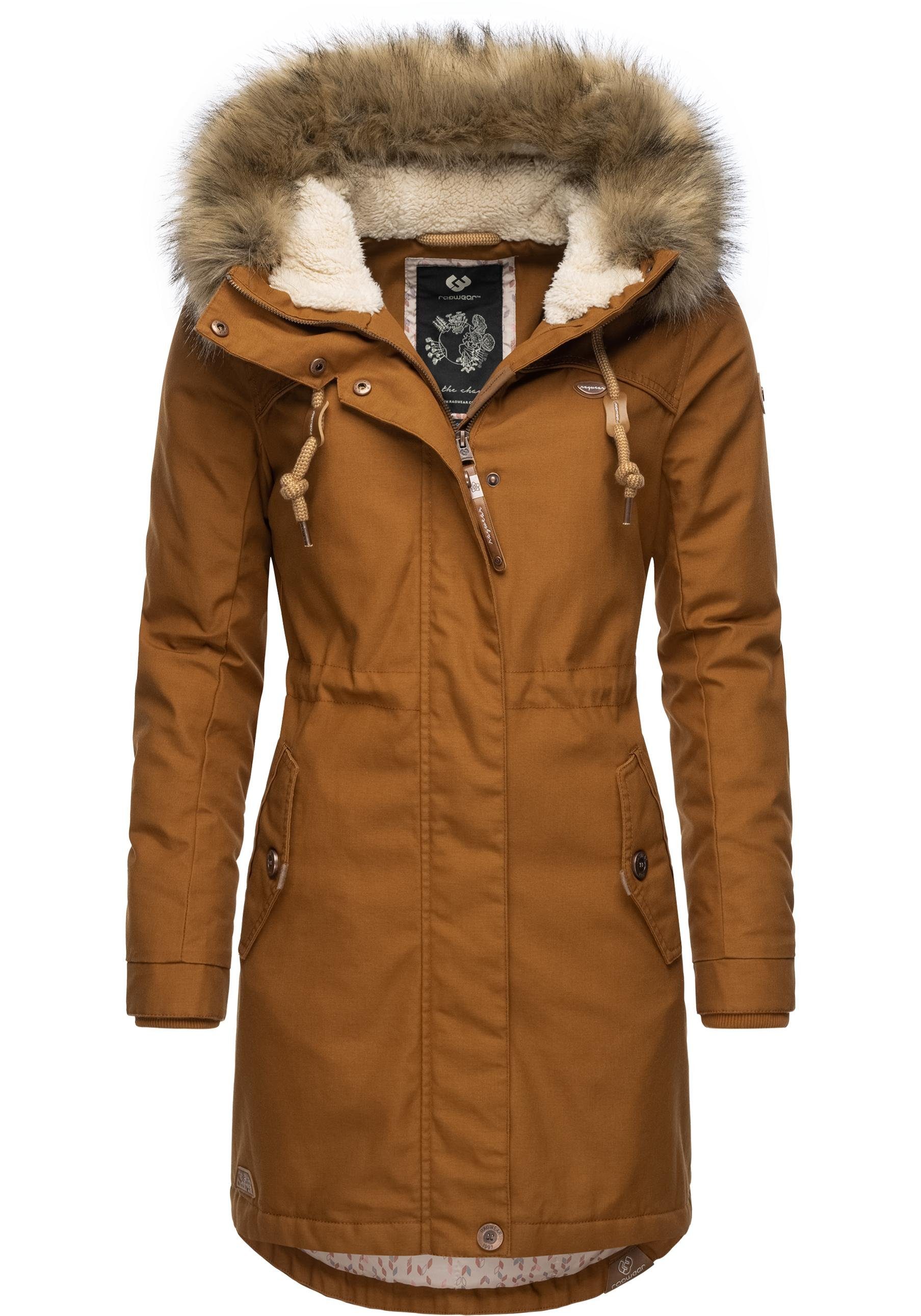 Ragwear Winterjacke mit ocker Kapuze Kunstfellkragen großer Tawny Winterparka und stylischer