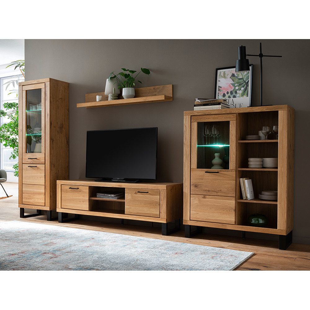Lomadox Wohnwand KUMASI-06, (4-St., Highboard Lowboard Vitrine Wandregal), in Eiche teilmassiv, inkl. LED-Beleuchtung, Metallgriffe & -füße