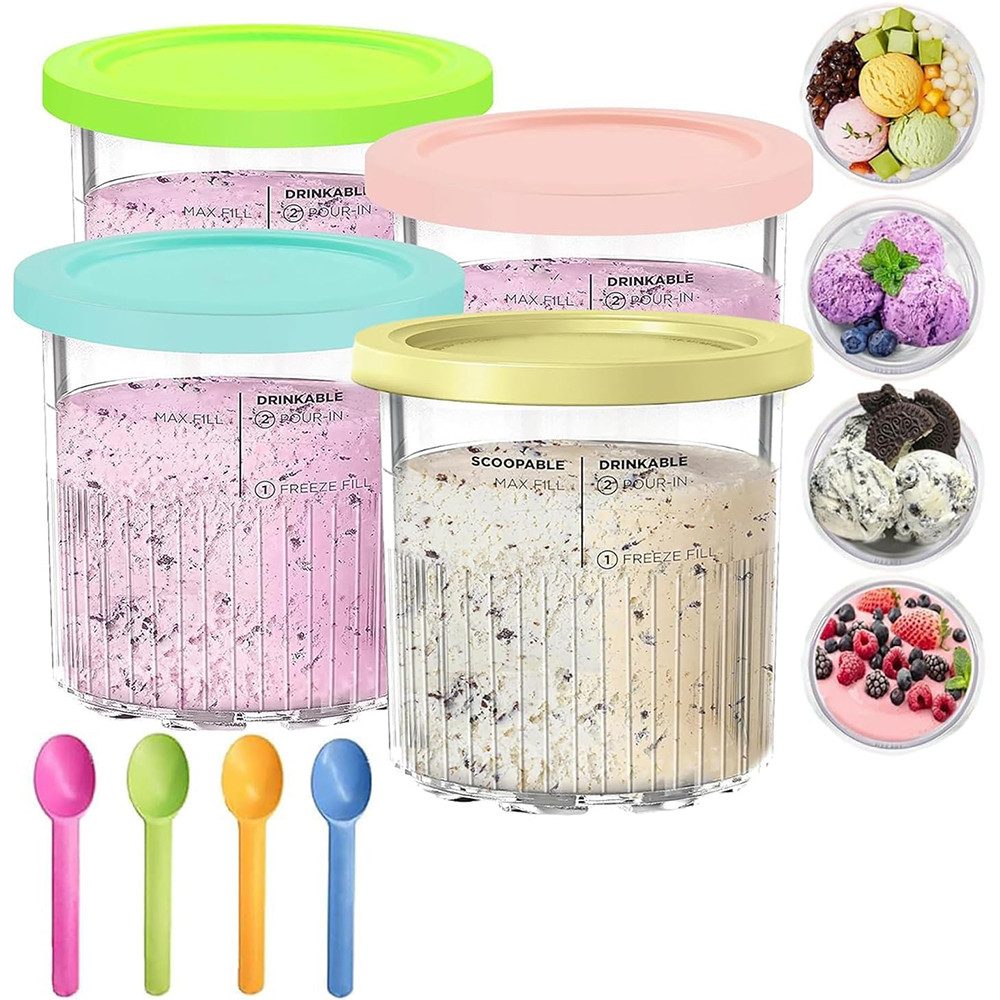 AFKSMILE Eisbereiteraufsatz 4 Stück Ersatz für Ninja Creami Deluxe Pints und Deckel Löffel, 24 oz. Pint-Behälter kompatibel mit NC501, NC500 Serie - BPA-frei