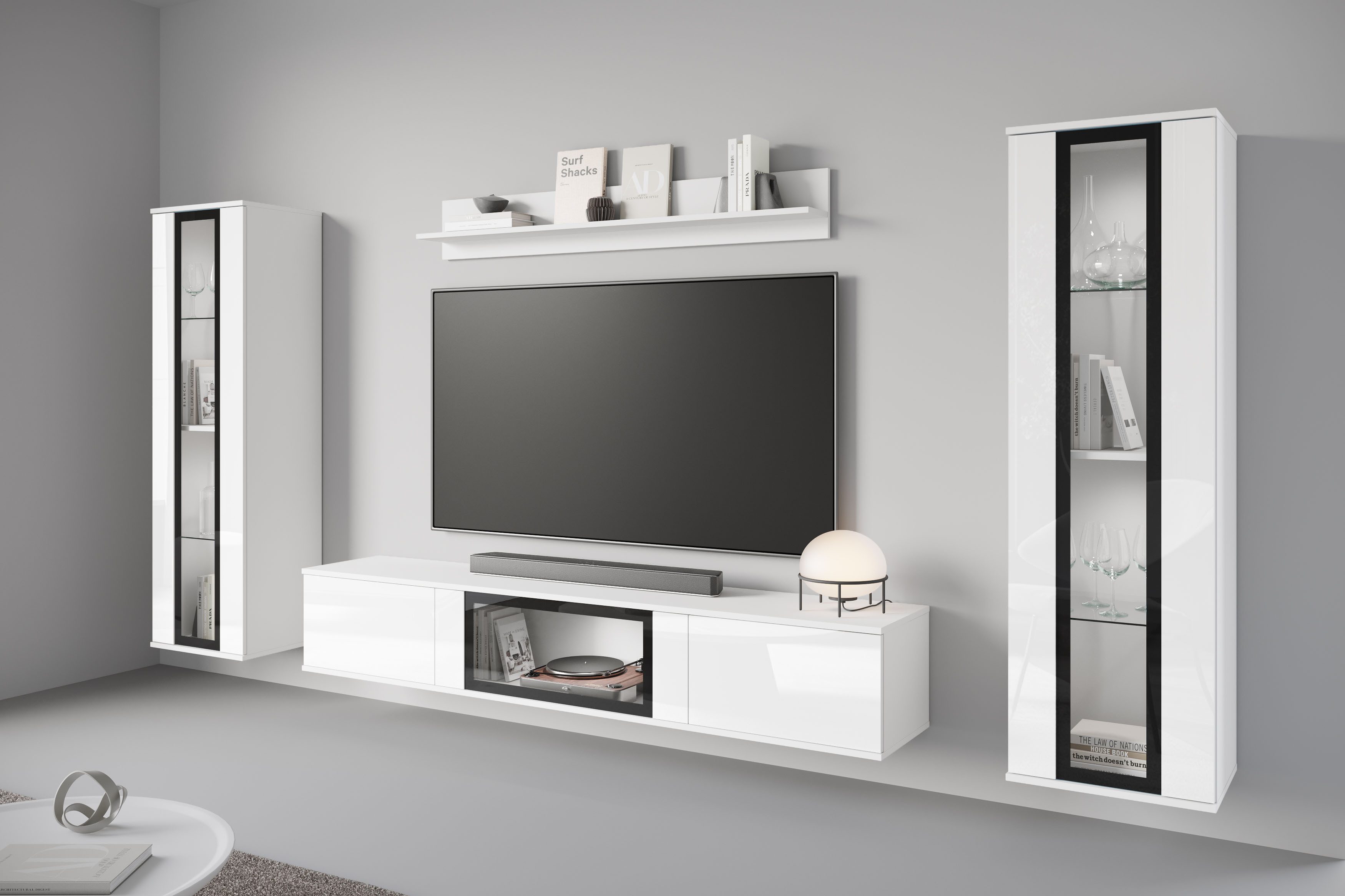 INOSIGN Wohnwand Caro, stehend und hängend montierbar, (Komplett-Set, 4-St., Vitrine Türanschlag links/rechts wechselbar), grifflose Design, höhenverstellbare Einlegeböden
