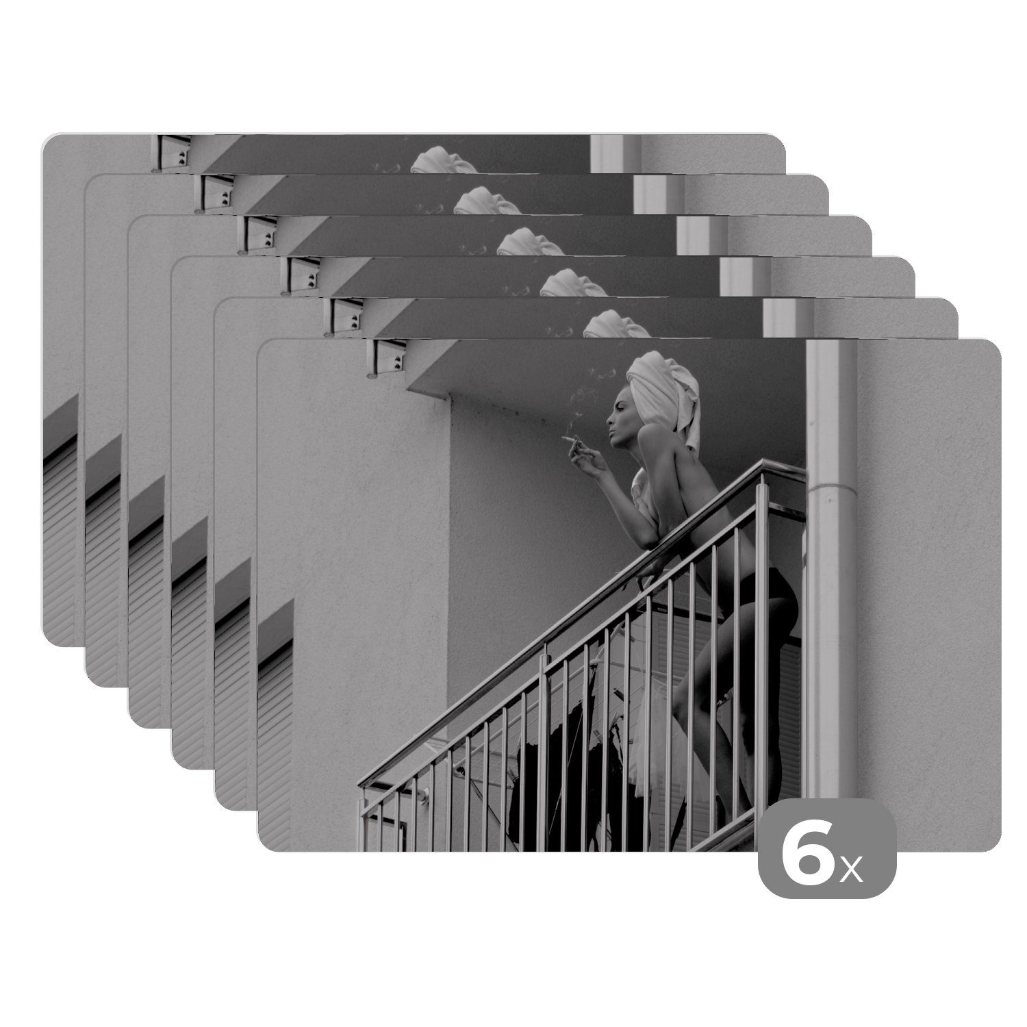 Platzset, Balkon - Zigaretten - Rauchen - Frau, MuchoWow, (6-St), Platzset, Platzdecken, Platzmatte, Tischmatten, Schmutzabweisend