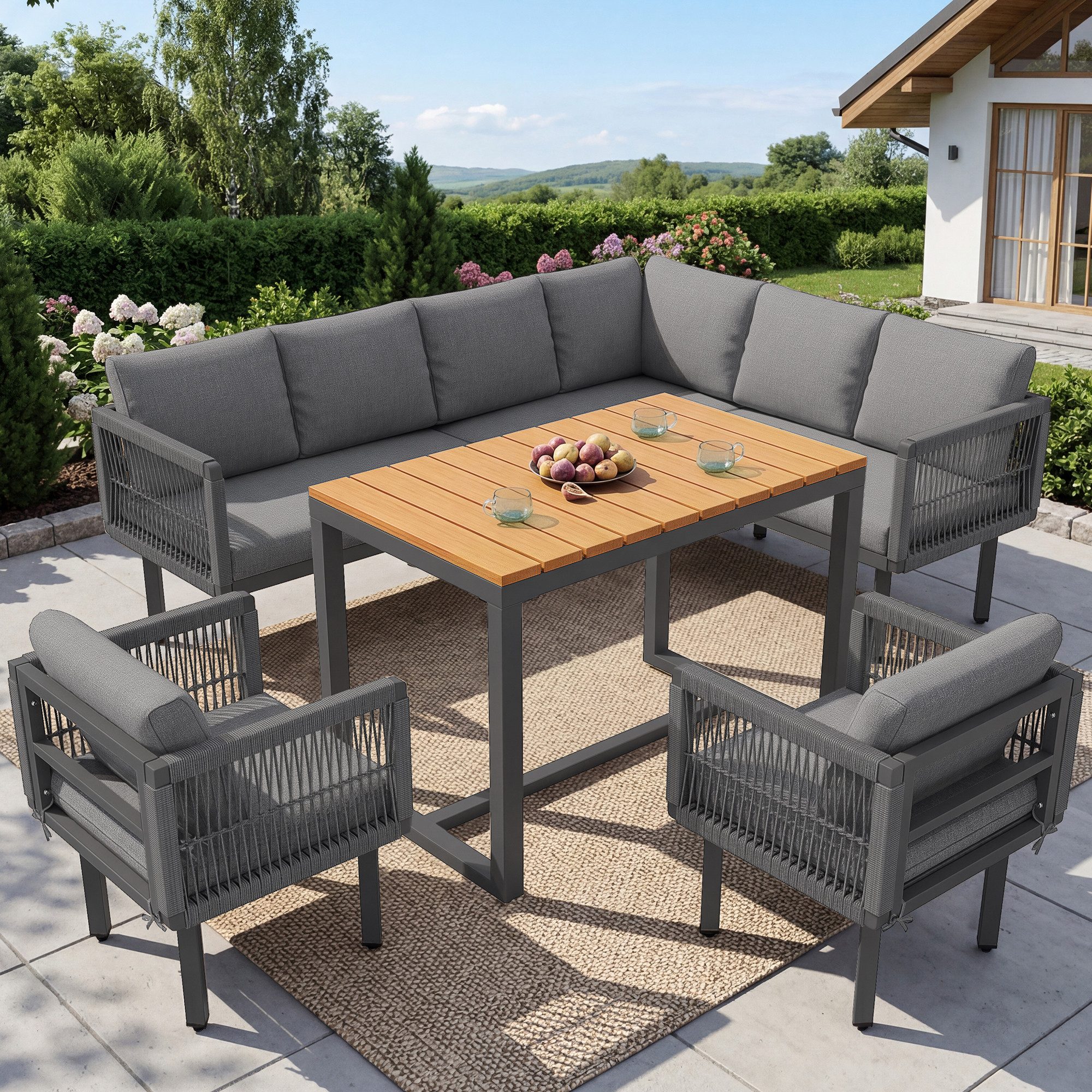REDOM Gartenlounge-Set mit weichen Polstern, (mit 2 Sesseln & Tisch, wetterfestes Stahlgestell, 5-tlg), mit Relaxfunktion