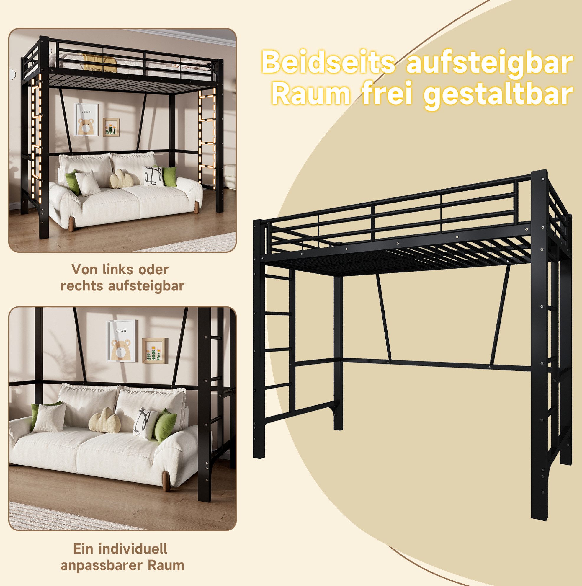 MODFU Hochbett Eisenbett mit offener Gestaltung unter dem Bett, Jugendbett (90x200 cm, Funktionsbett mit sicherer Doppelleiter, Metallbett) ohne Matratze