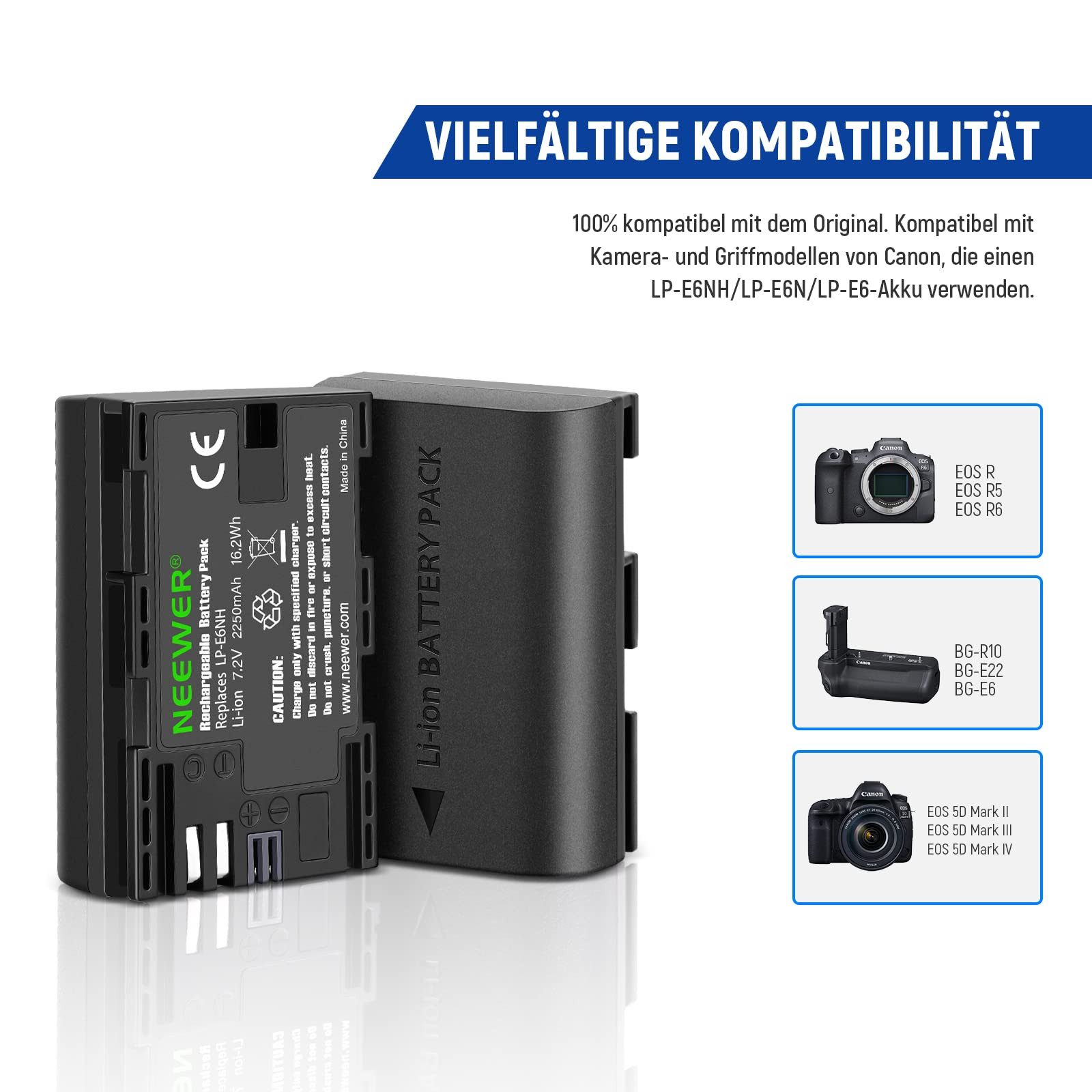 Neewer LP-E6NH Akku+Ladegerät, 2er-Set, kompatibel mit Canon EOS Kamera-Akku D 2250 mAh