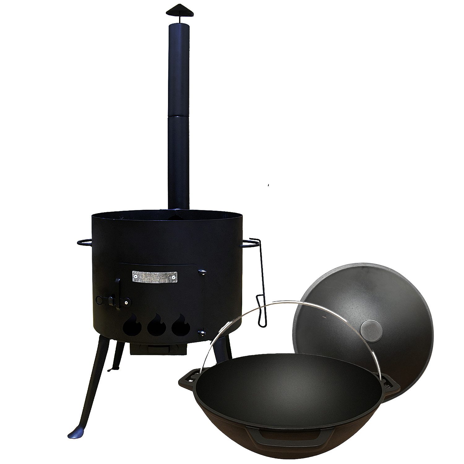 Olymp Handels GmbH Holzkohlegrill Utschak Set mit Rauchrohr Kasan 12L Gusseisen Deckel mit Henkel