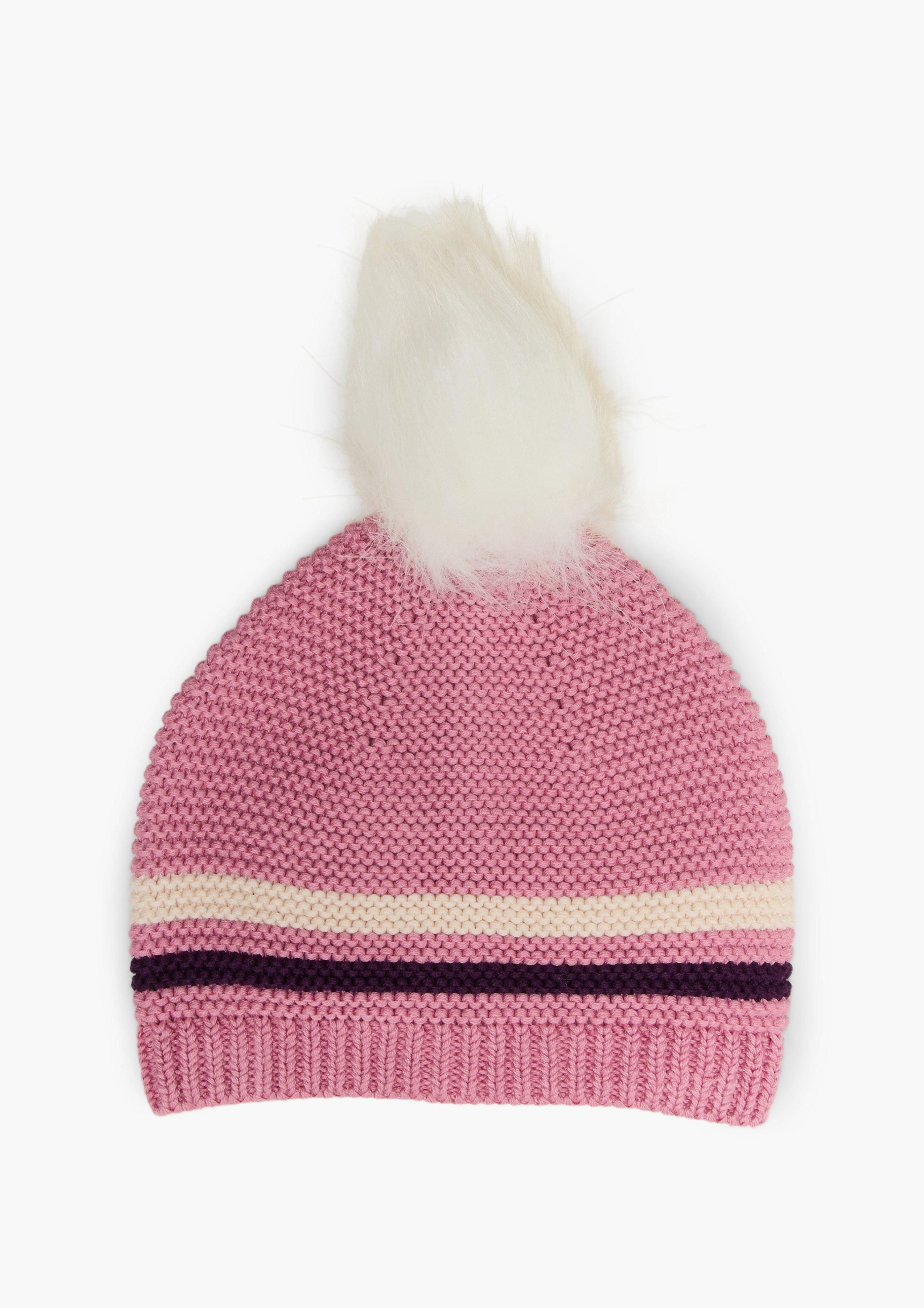 Erstlingsmütze Strickmütze mit Pompom aus Kunstfell