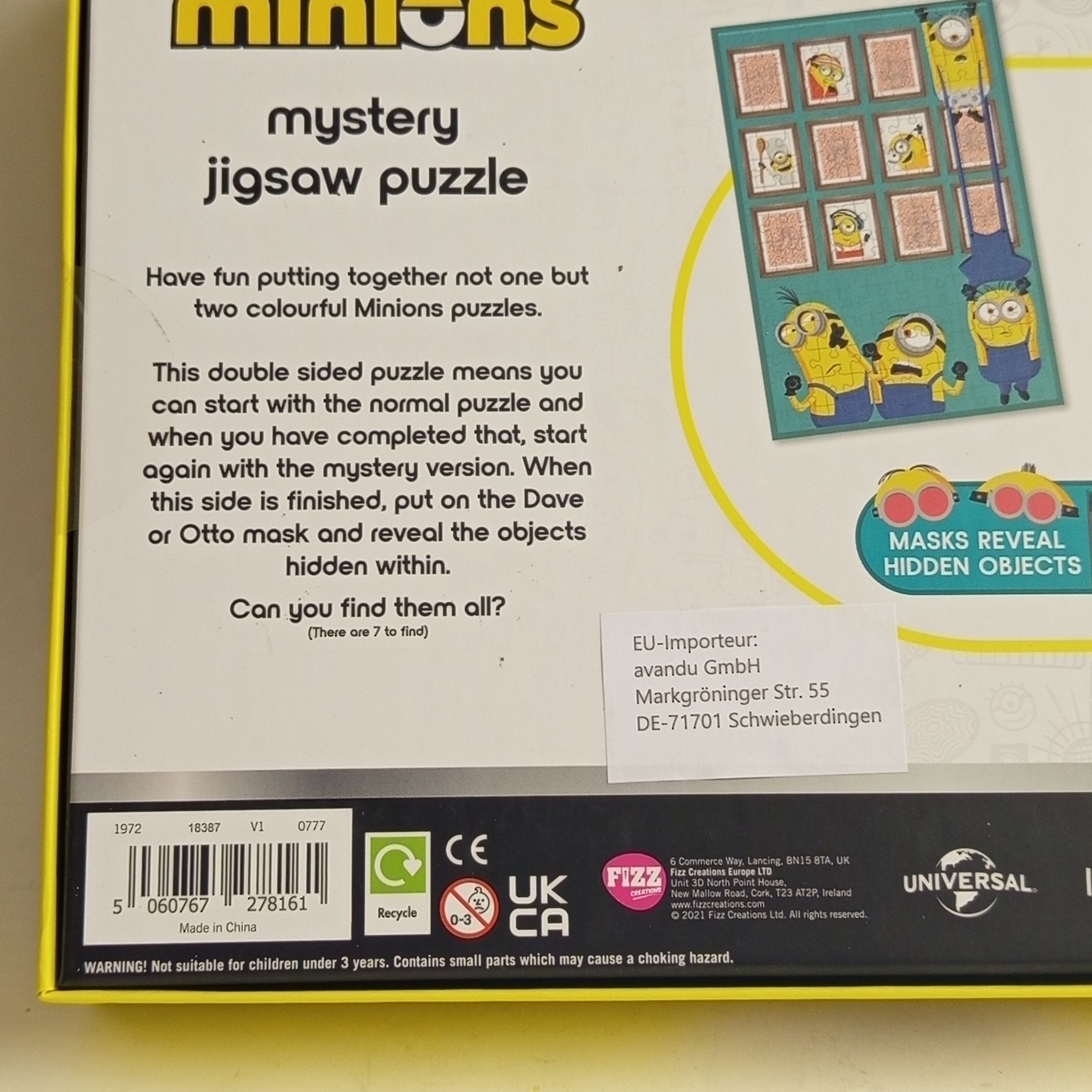 Fizz creations Puzzle Doppelseitiges Minions Puzzle mit 150 Teilen und magischer Maske, Puzzleteile