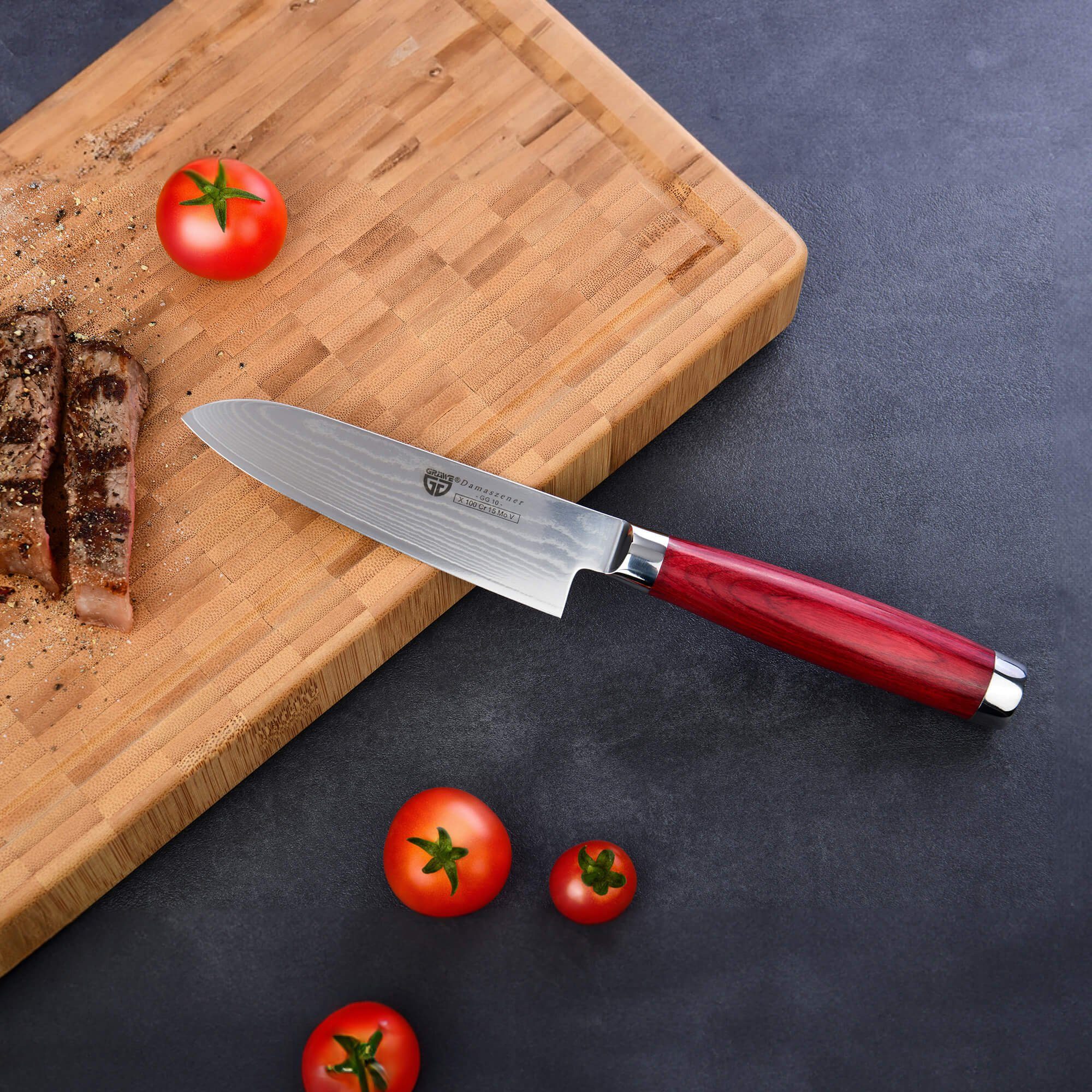 GRÄWE Damastmesser GRÄWE Damaszener Santokumesser 12,5 cm Klinge, GG-10 Stahl mit Harthol