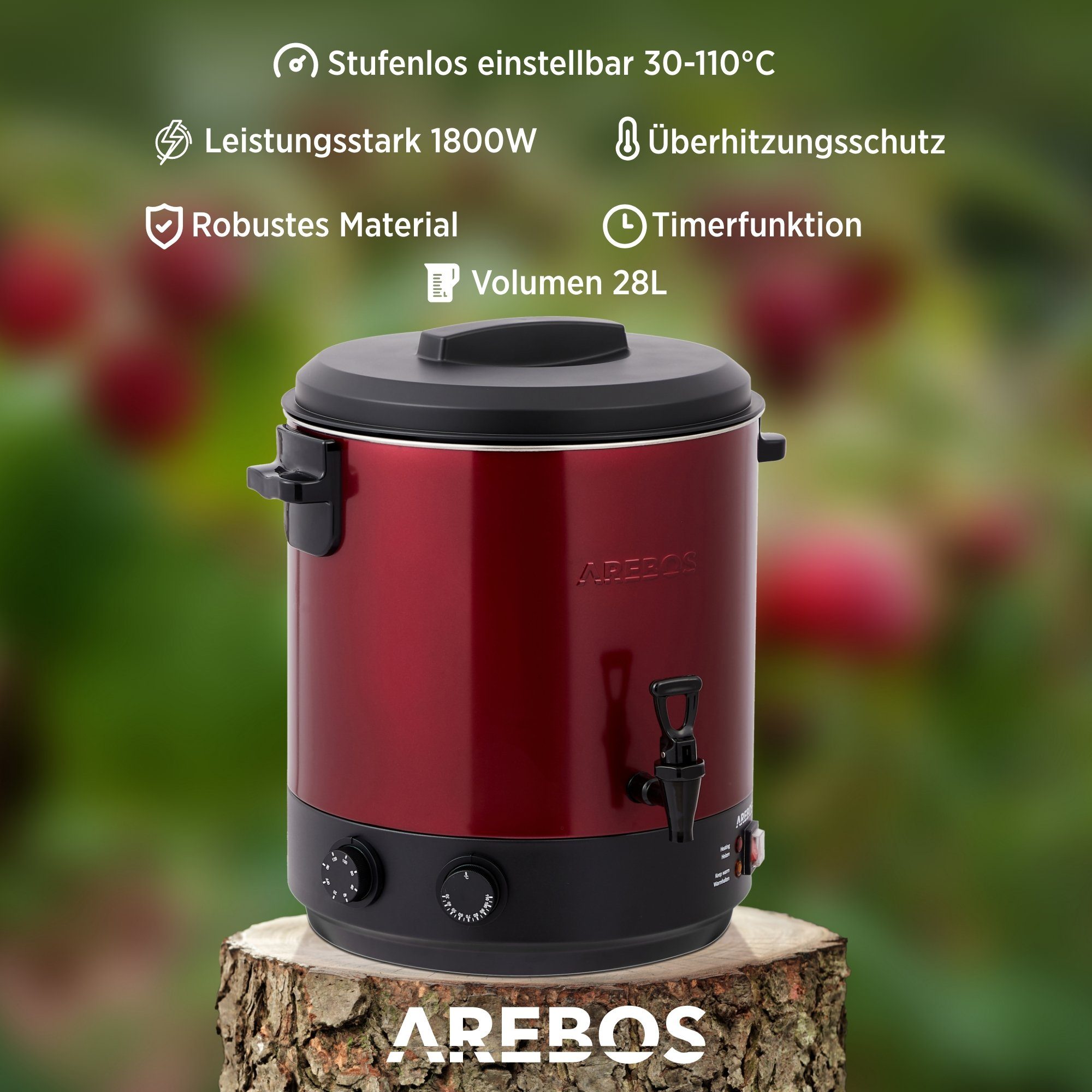Einkoch- L, mit rot 1800 Arebos W, Timerfunktion Glühweinautomat Einkochtopf und 28 Timer,Thermostat & Überhitzungsschutz,