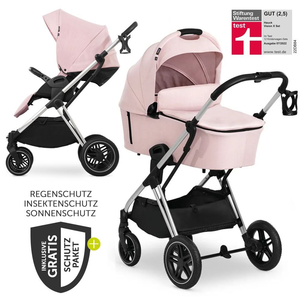 Hauck Kombi-Kinderwagen Vision X Duoset Silver - Melange Rose, 2in1 Kinderwagen Buggy Set mit Babywanne, Sportsitz und Regenschutz