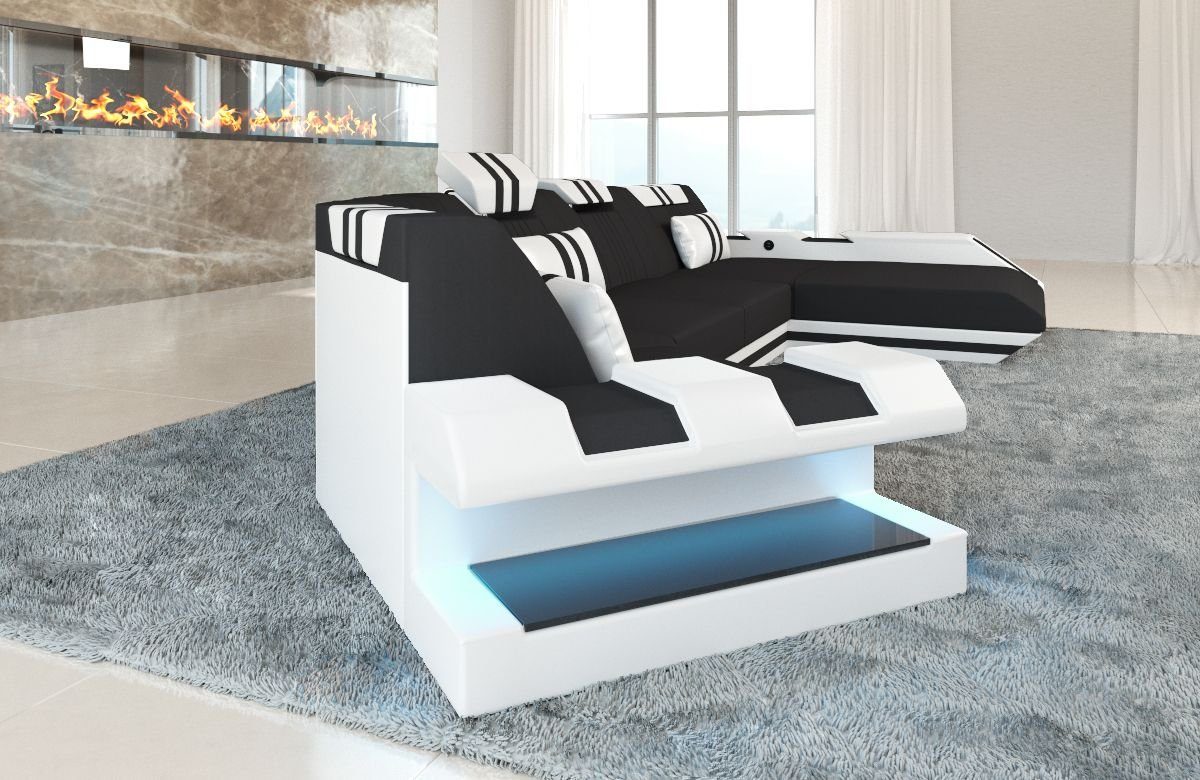 Designersofa Wohnlandschaft LED, Bettfunktion mit Stoffsofa Form Couch, Sofa Dreams Apollonia Sofa als mit wahlweise Stoff C H8 Stoff Braun-Weiss Polster Schlafsofa,