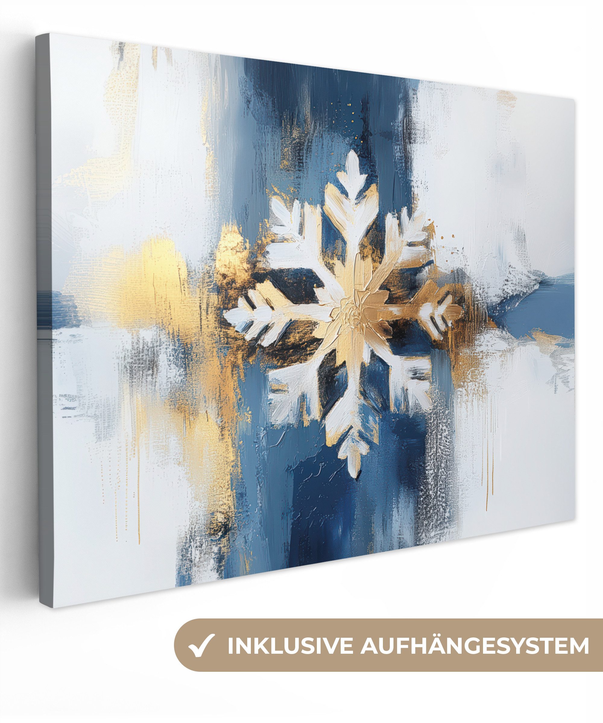 OneMillionCanvasses® Leinwandbild Abstrakt - Winter - Schneeflocke - Schnee - Gold, Fotodruck (1 St), Wandbild Leinwandbilder, Aufhängefertig, Wanddeko 40x30 cm