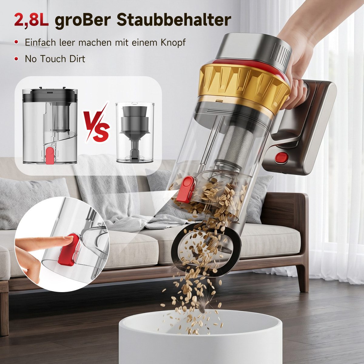 Pdgrid Akku-Hand-und Stielstaubsauger 85kPa/80min/2,8 l Akku Staubsauger beutellos Selbststehendes, 650 W, beutellos, Selbststehendes,Staubsauger für Tierhaare,Teppich und Hartboden