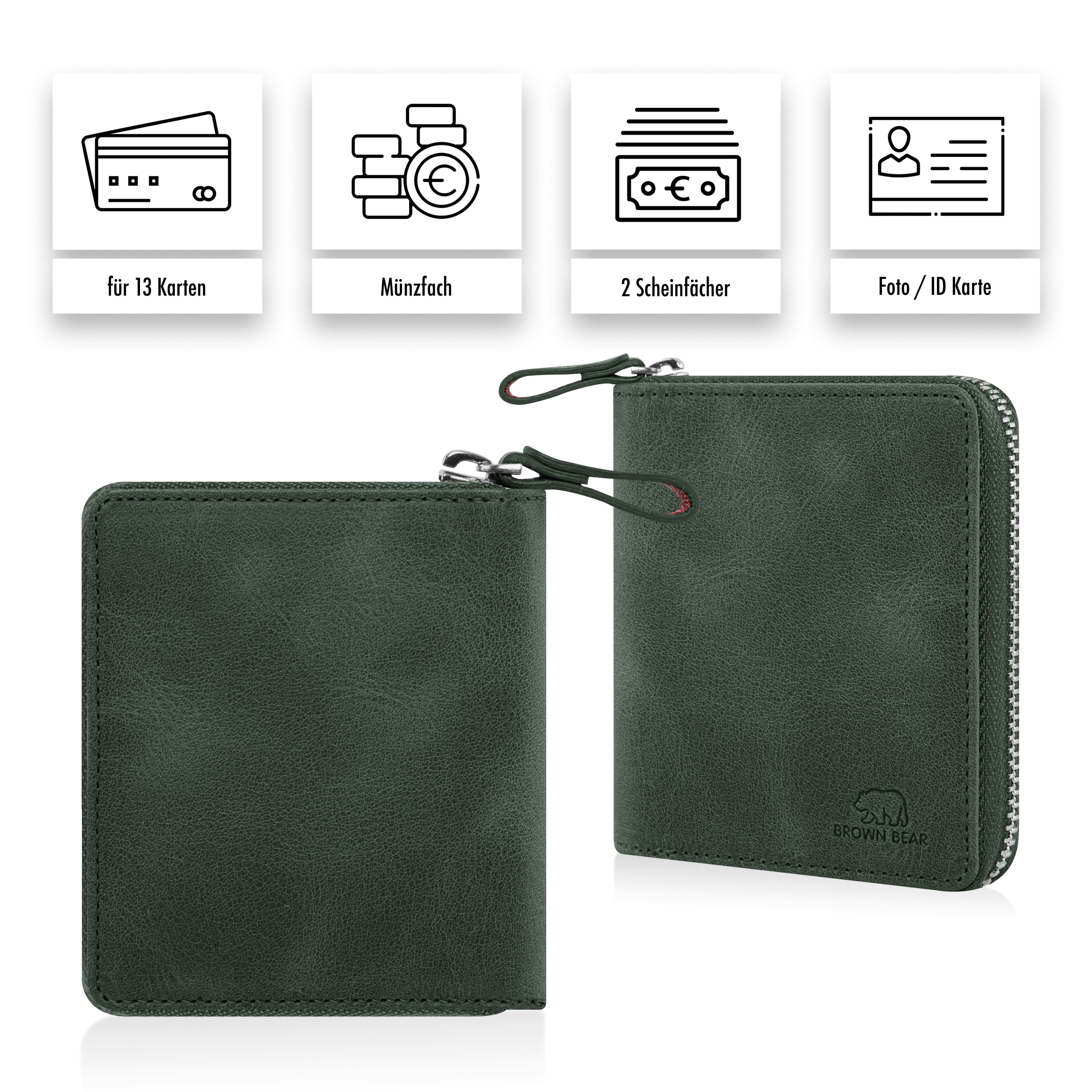 Brown Bear Geldbörse Classic 8009 mit umlaufenderm Reißverschluss aus Echtleder, mit 10 Kartenfächern und RFID-Schutz Farbe Olive-Vintage
