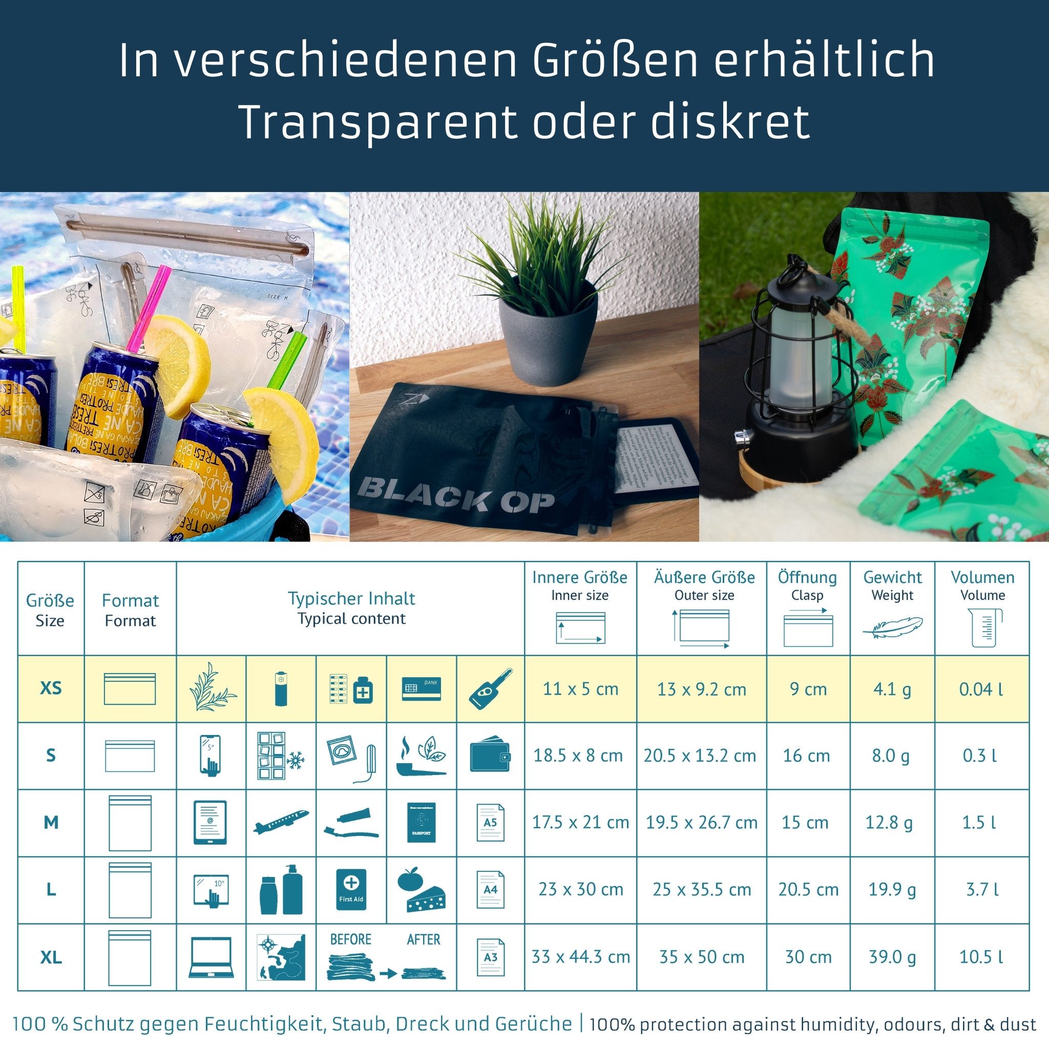 Noaks Aufbewahrungstasche Noaks Bag, das Original, 100 % geruchs- und wasserdicht, 5 Zip-Beutel, Dokumententasche, Reise Pack-Beutel Vakuum