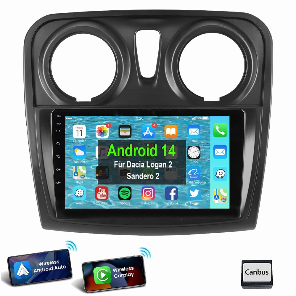 ESSGOO Für Renault Dacia Logan Sandero Carplay Autoradio Android 14 Autoradio (FM, AM, Apple Carplay Android Auto GPS Navi WIFI BT)