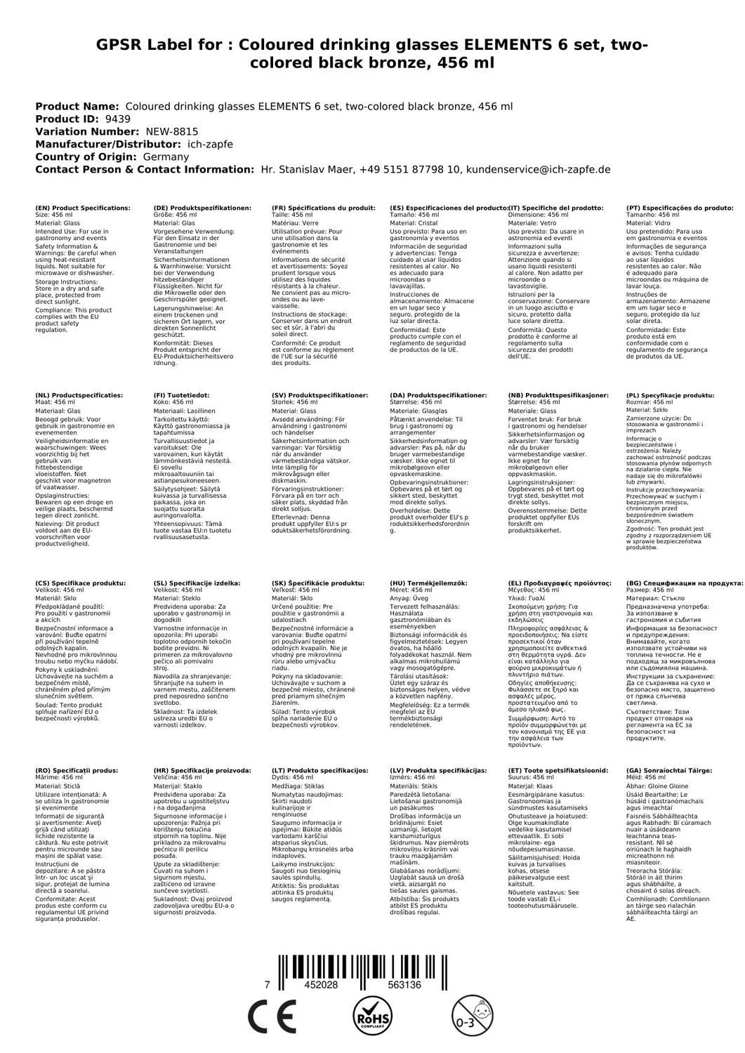 ich-zapfe Glas Farbige Trinkgläser ELEMENTS 6er-Set, zweifarbig Schwarz-Bronze, 456ml