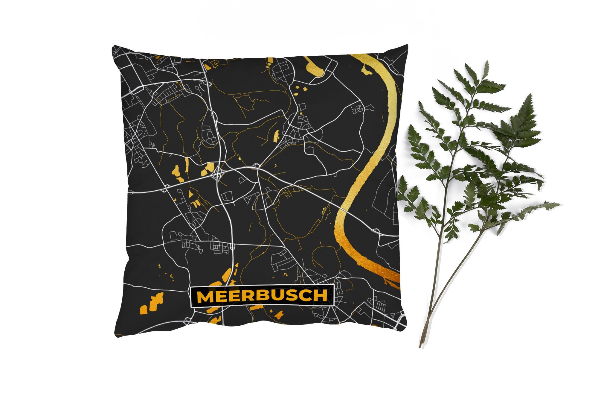 Meerbusch und Schlafzimmer, Stadtplan - Deutschland Zierkissen Schwarz Dekokissen Gold Karte, für Deko, MuchoWow Sofakissen Wohzimmer, - - - mit Füllung