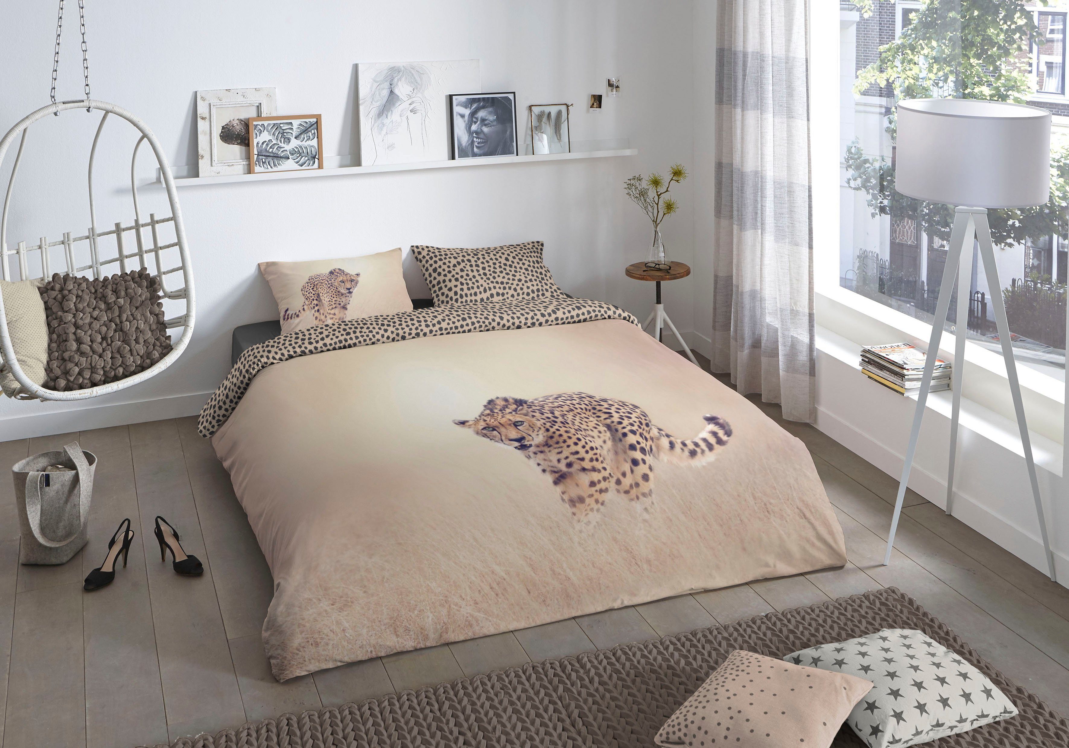 good morning Wendebettwäsche Cheetah, Renforcé, 2 teilig, 100% Baumwolle, 135x200, Reißverschluss, Wendeoptik, Leopard, Sand