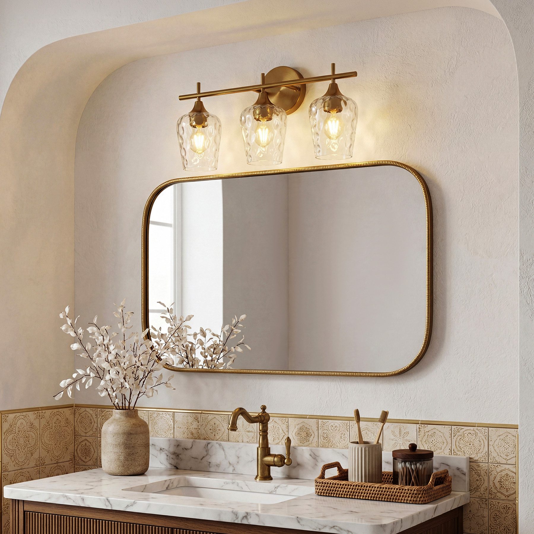 Tribesigns Wandleuchte 3-Licht Badezimmer-Wandleuchte Gold, Moderne Wandlampe mit Wellenglas