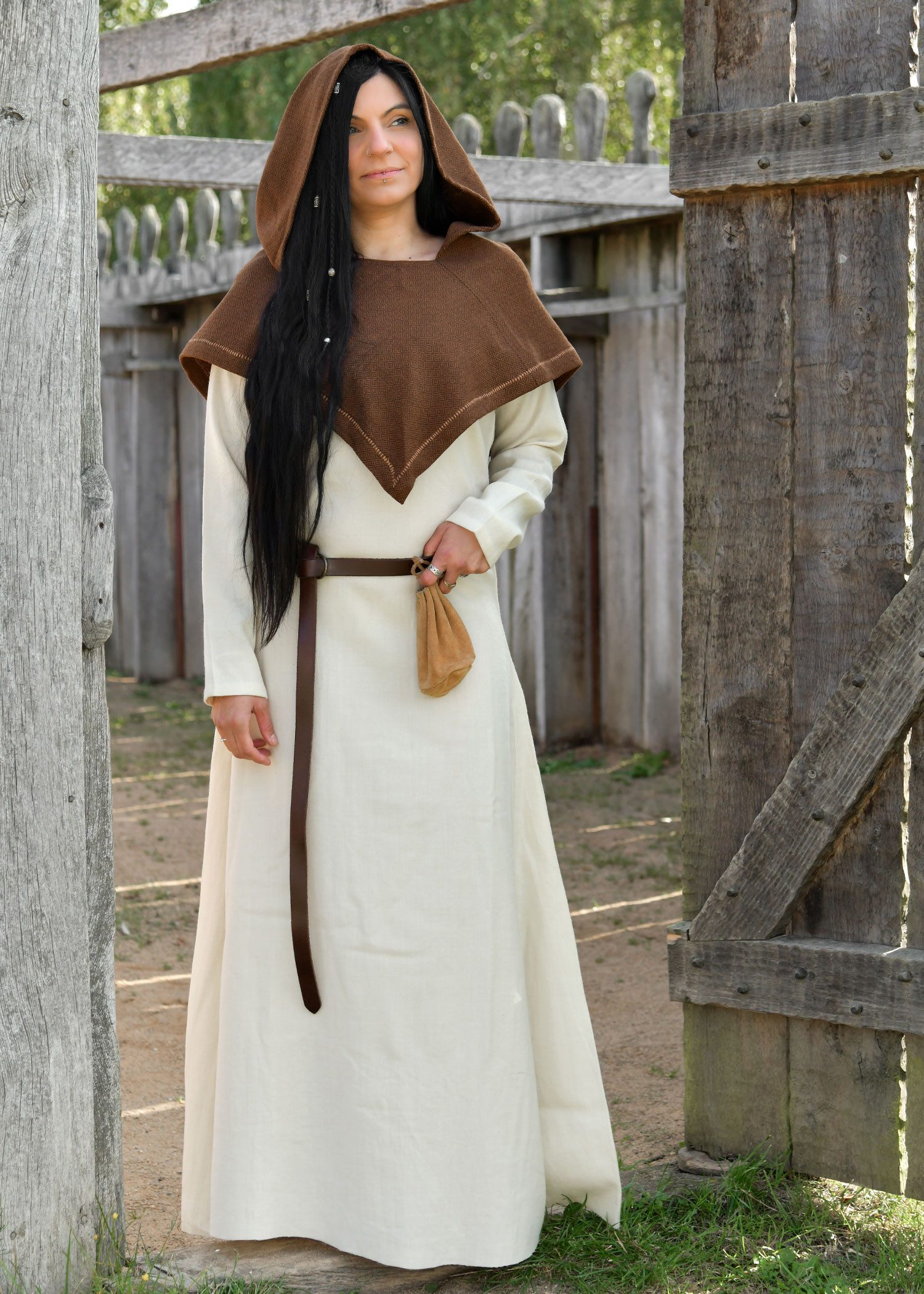 Battle Merchant Burgfräulein-Kostüm Schlichtes Wikinger Kleid Wolle, natur, „Celeste“ XXL